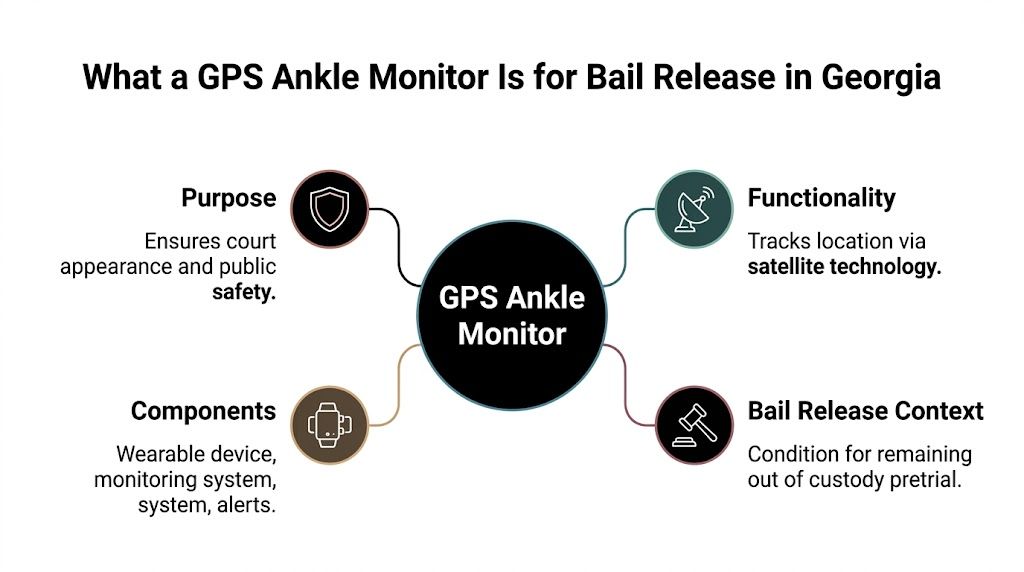 A diagram explaining the purpose, functionality, components, and bail release context of GPS ankle monitors in Georgia.