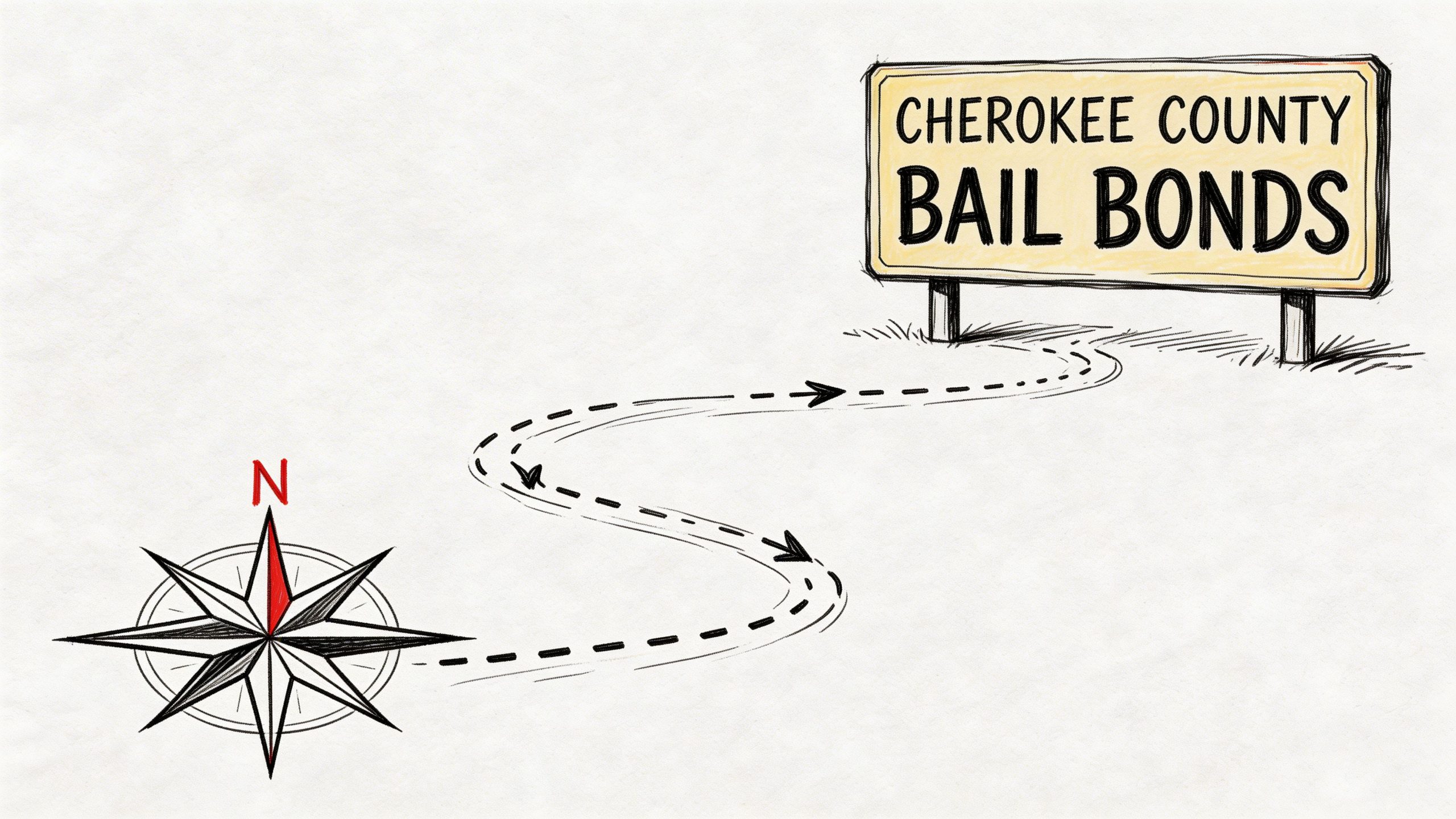 A hand-drawn sketch featuring a compass and a winding path leading to a Cherokee County bail bonds sign.