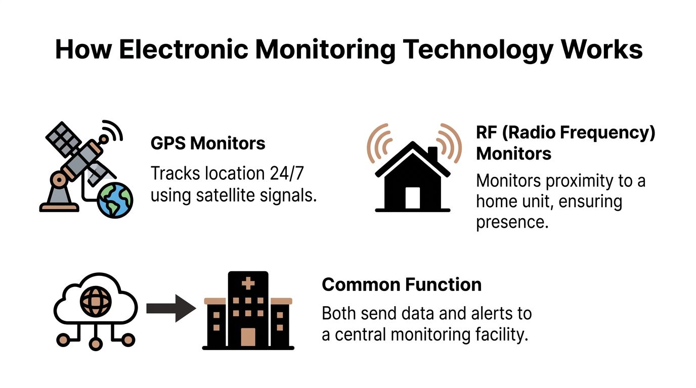 An infographic explaining how electronic monitoring technology works using GPS and radio frequency systems.