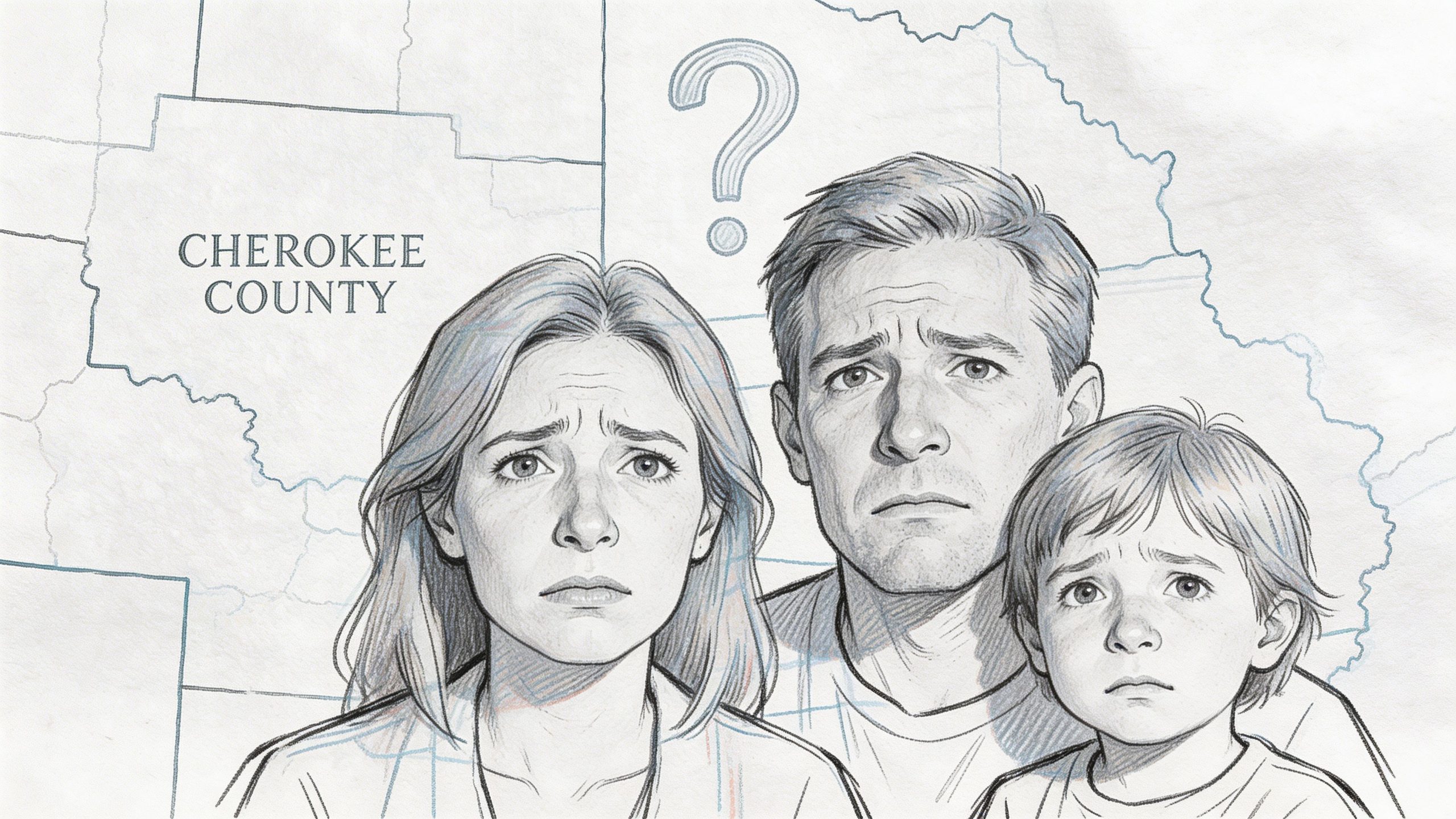 A sketched illustration of a worried family in front of a map labeled Cherokee County with a question mark.