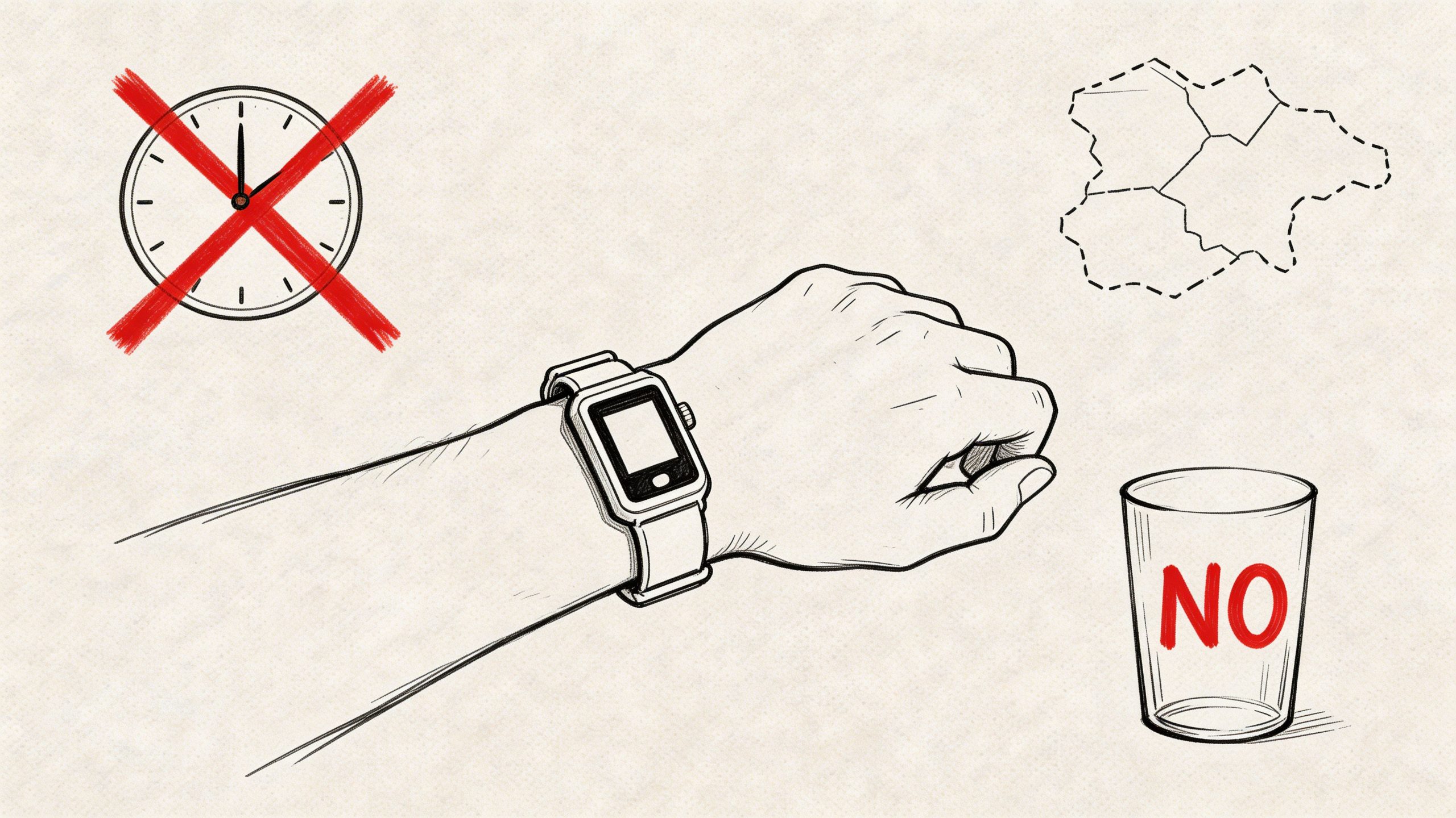A hand wearing a digital wrist device next to a clock with a red X and a cup.