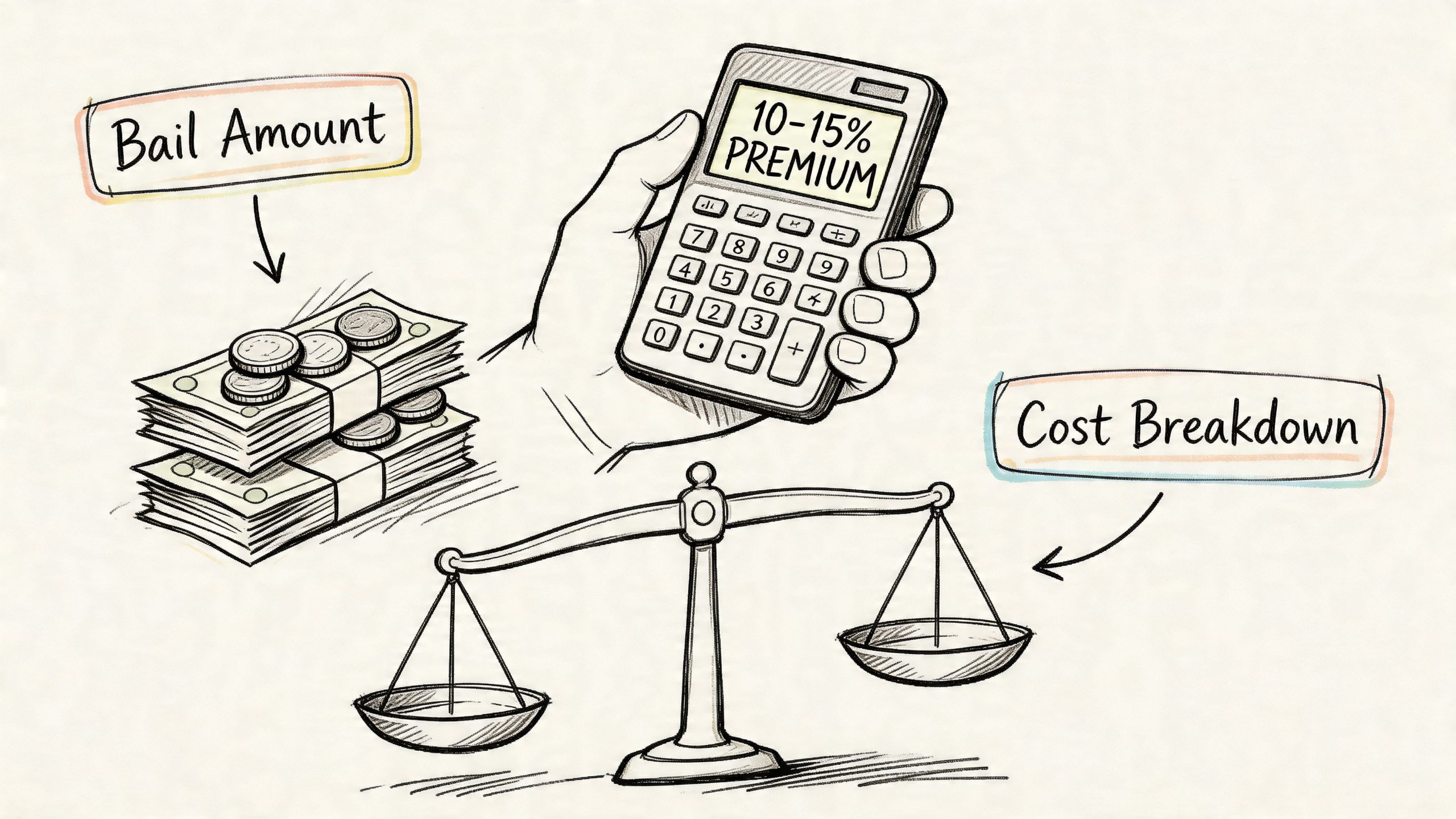 A hand holding a calculator showing a 10-15 percent premium next to stacks of cash and scales.
