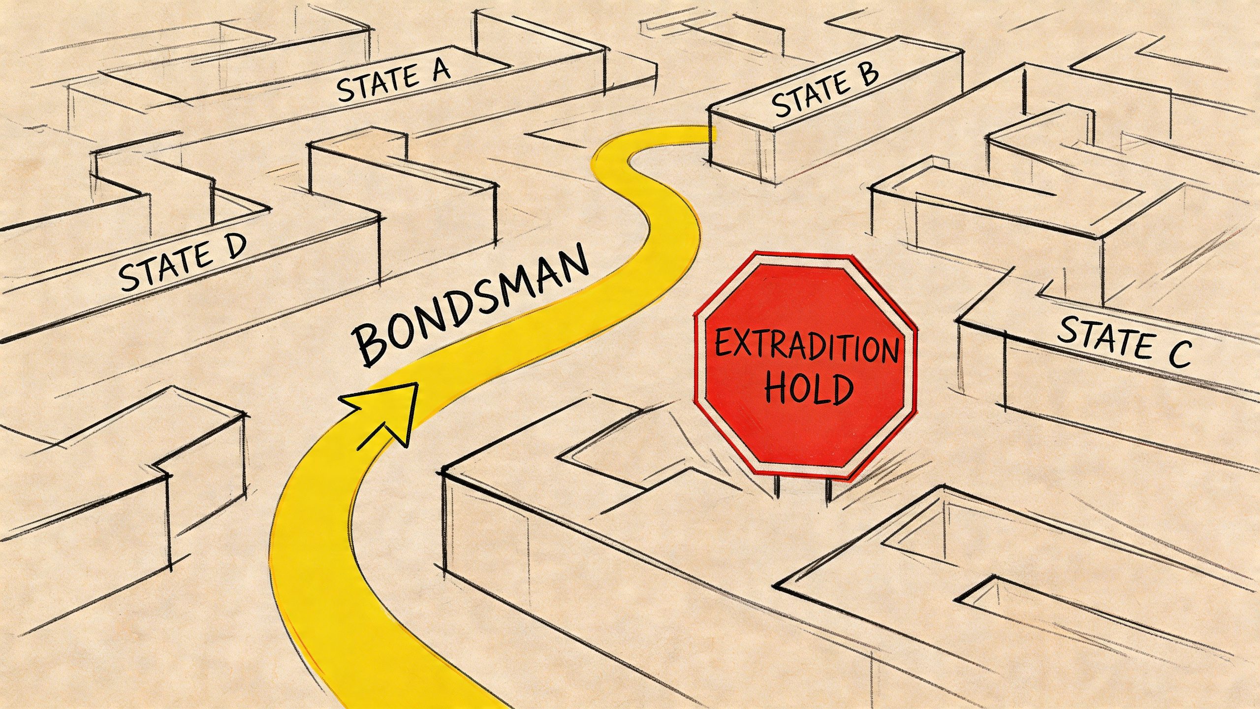 A conceptual illustration of a bondsman navigating a maze representing complex interstate extradition hold legal processes.