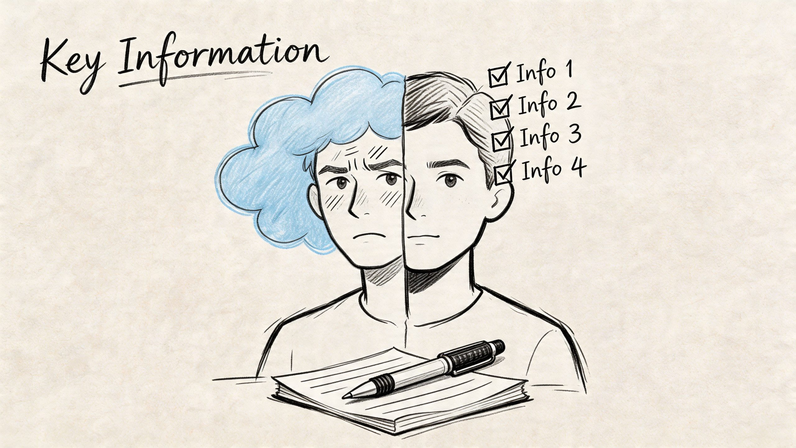 A split-screen illustration showing a stressed person versus a calm, organized person managing information.
