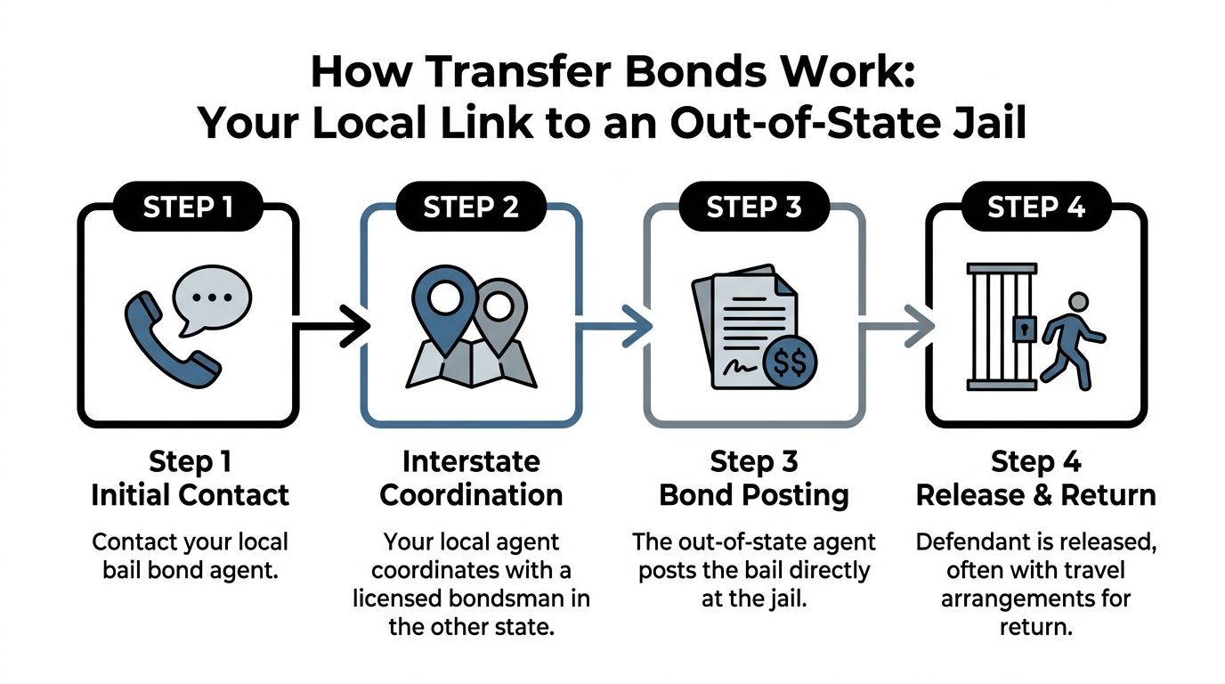 A four-step infographic explaining the transfer bail bond process for individuals held in out-of-state jails.