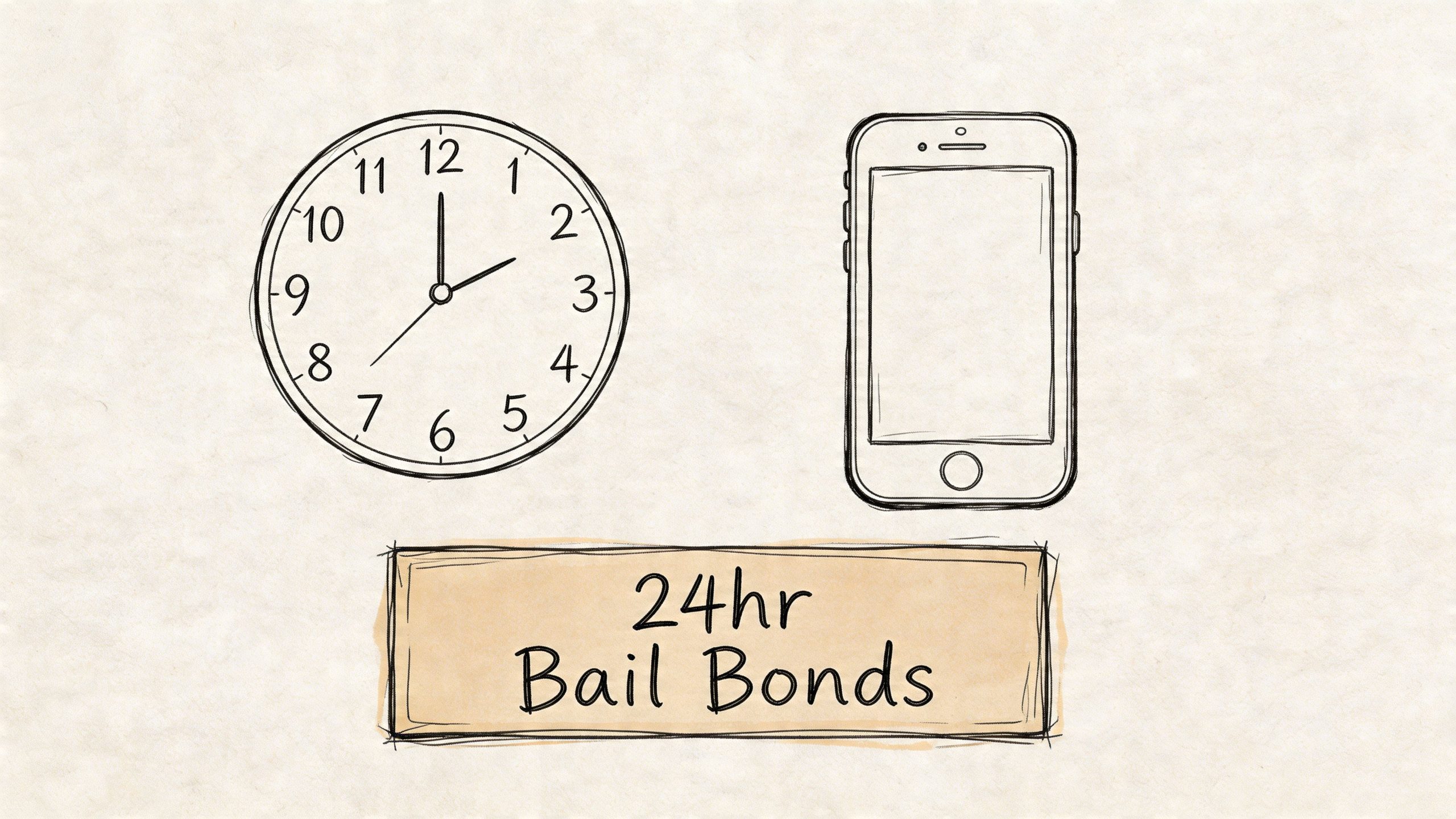 A hand-drawn illustration featuring a clock, a mobile phone, and a sign reading 24hr Bail Bonds.
