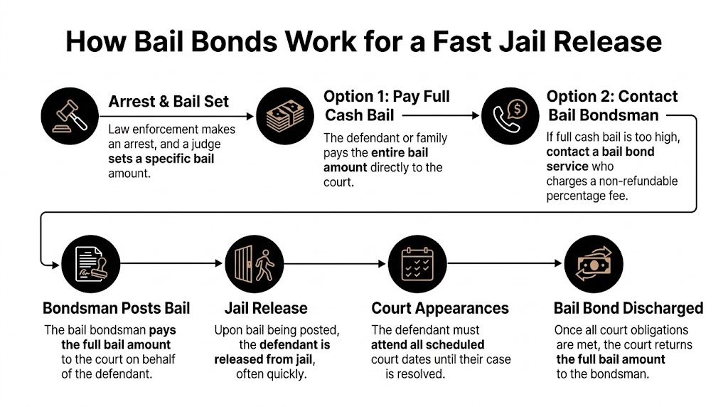 A flow chart illustrating the process of how bail bonds work to secure a fast jail release.