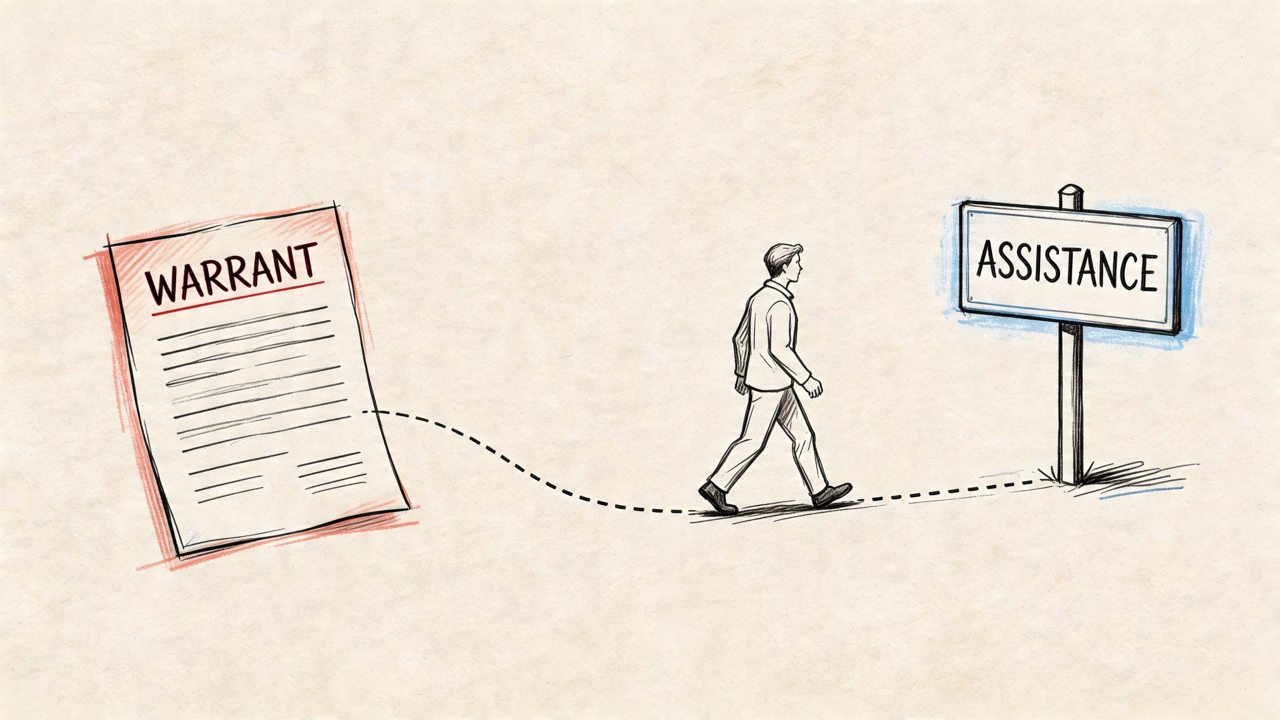 A line drawing illustration showing a warrant connected by a dotted line to a man seeking assistance.