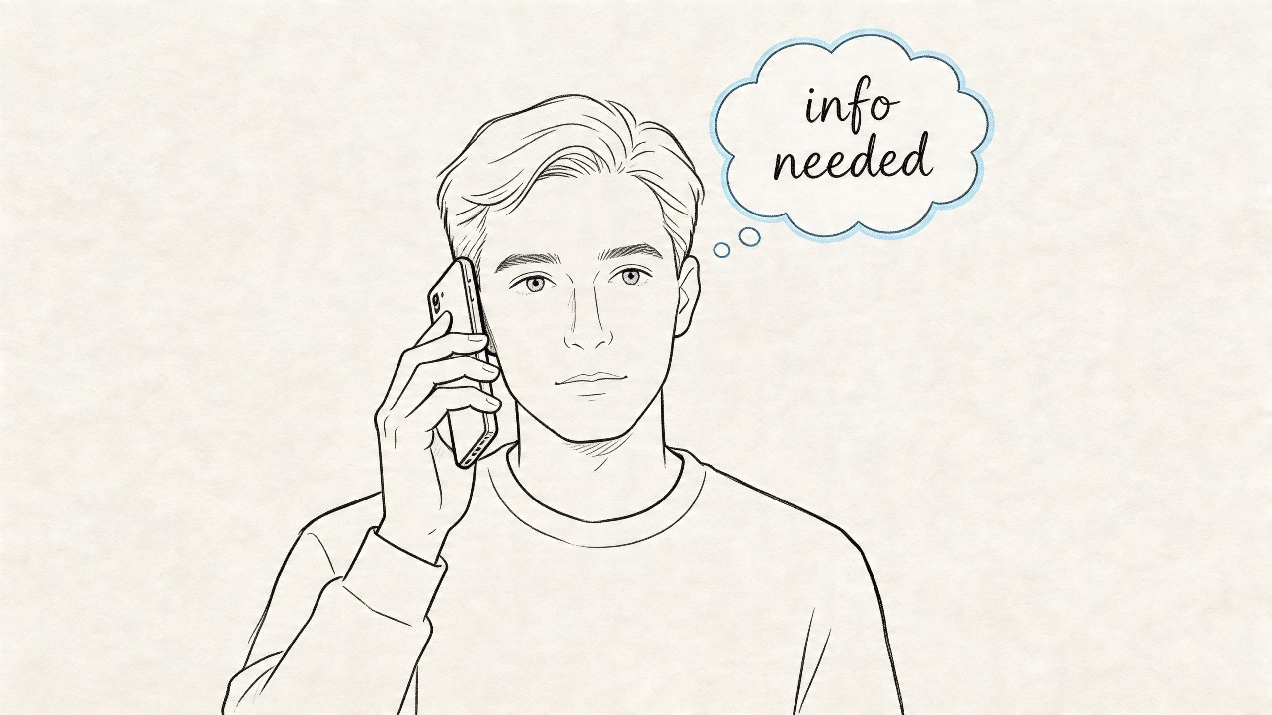 A line art illustration of a young man talking on a mobile phone with a thought bubble.