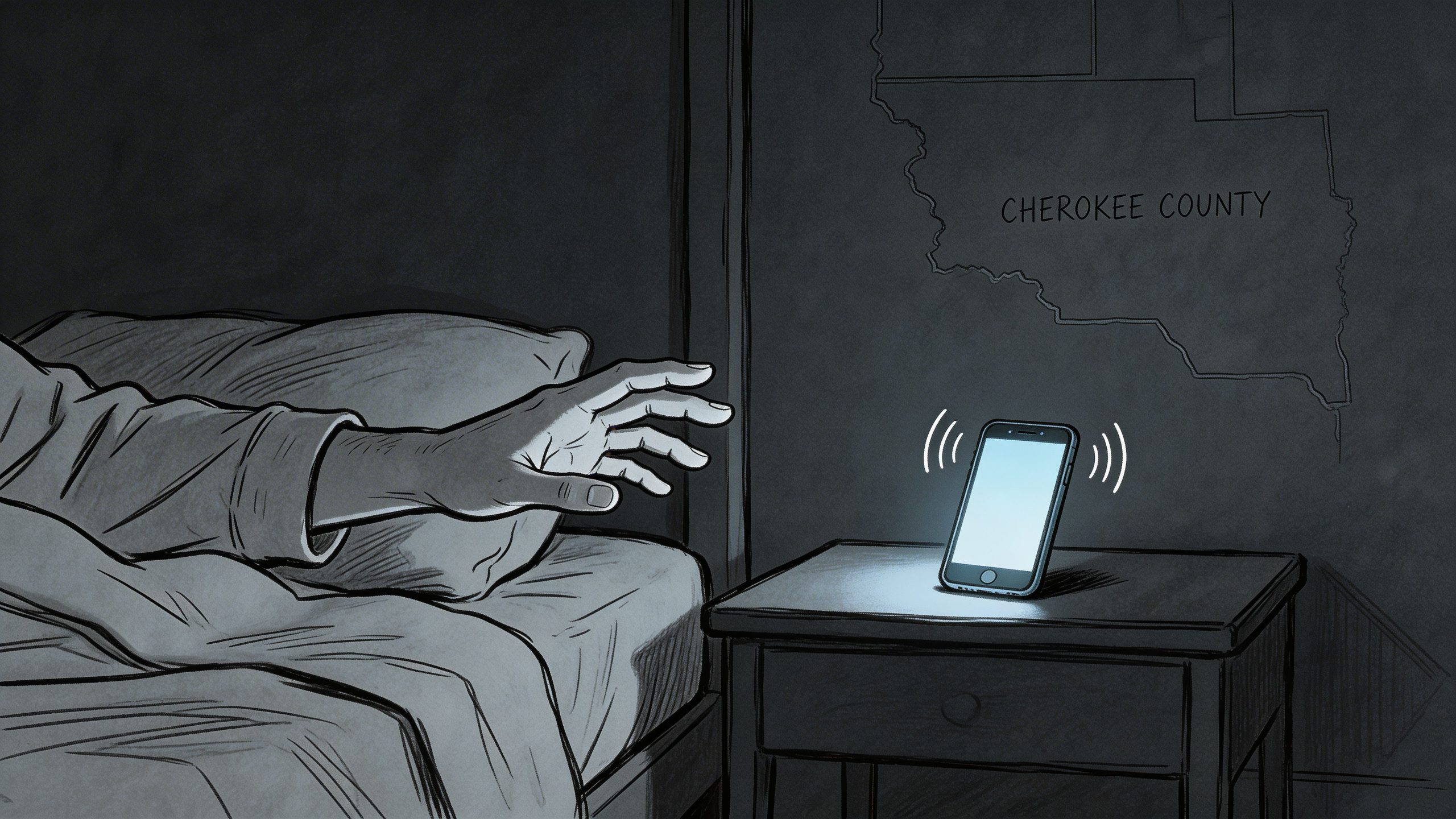 A hand reaching for a glowing smartphone ringing on a nightstand in a dark bedroom.