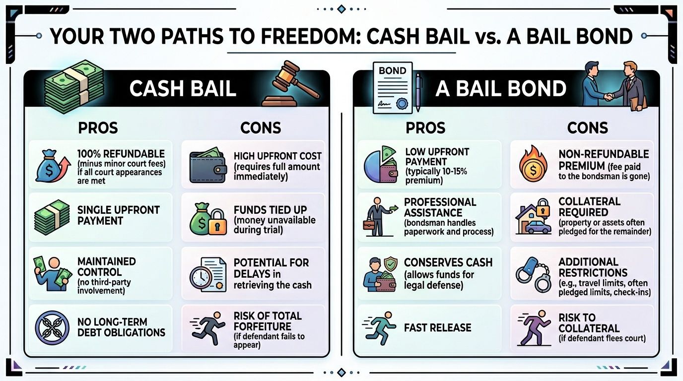 An infographic comparing cash bail and bail bonds, outlining the pros and cons of each release option.