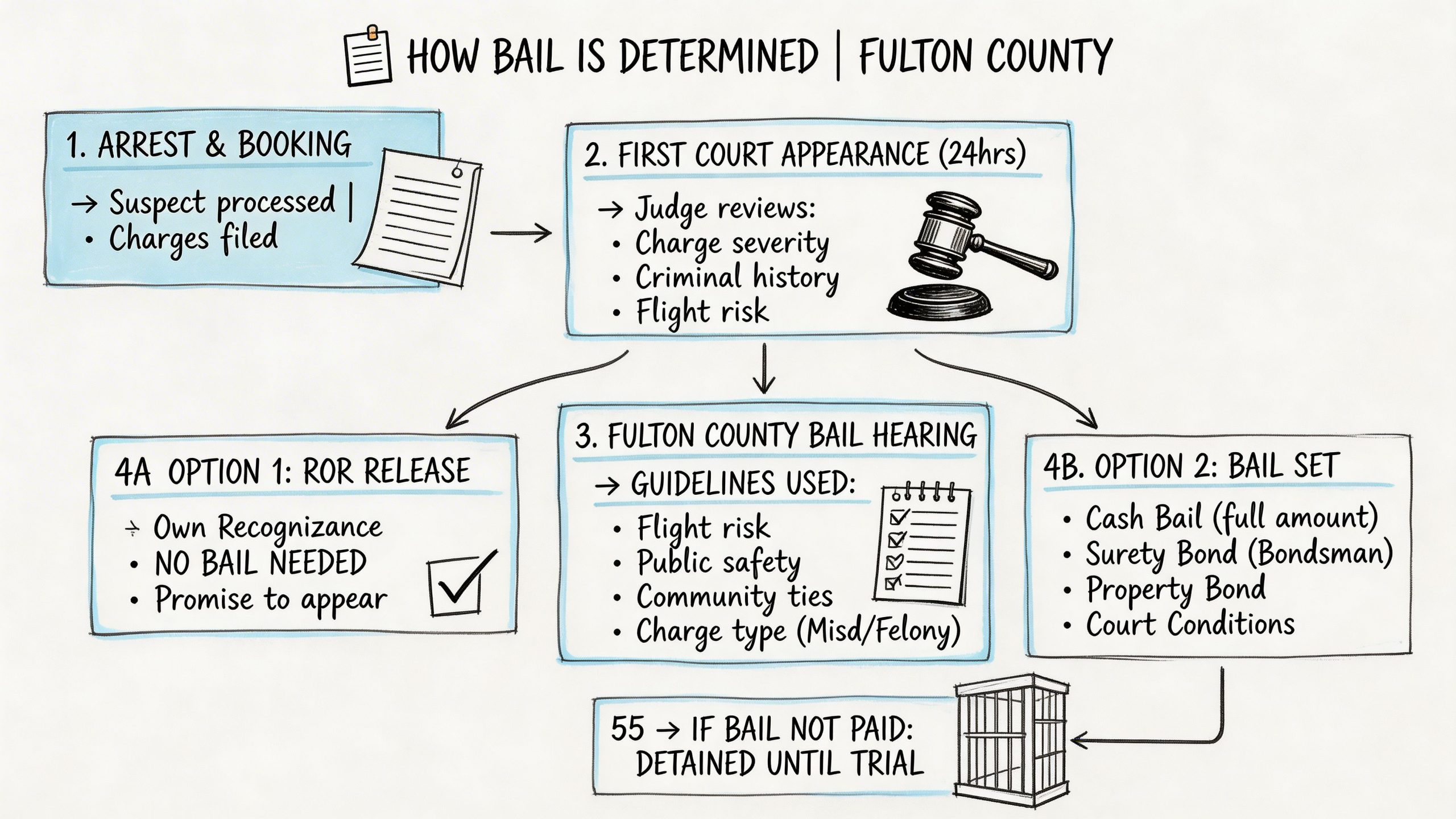 A flow chart titled How Bail Is Determined in Fulton County illustrating legal arrest and bail procedures.