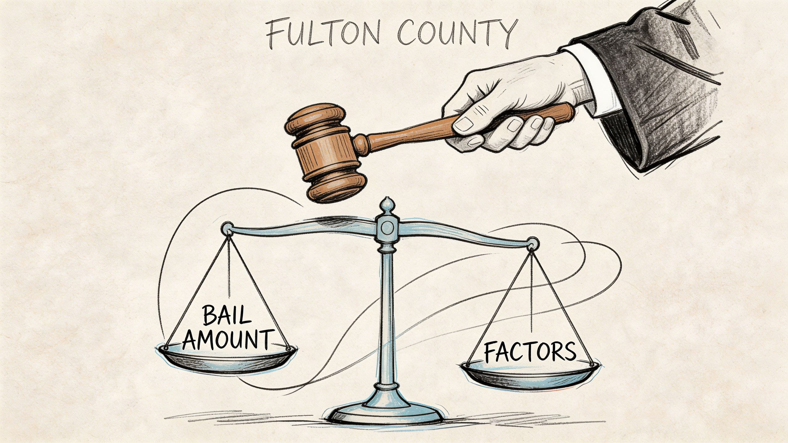 A courtroom illustration depicting a gavel weighing bail amounts against legal factors in Fulton County.