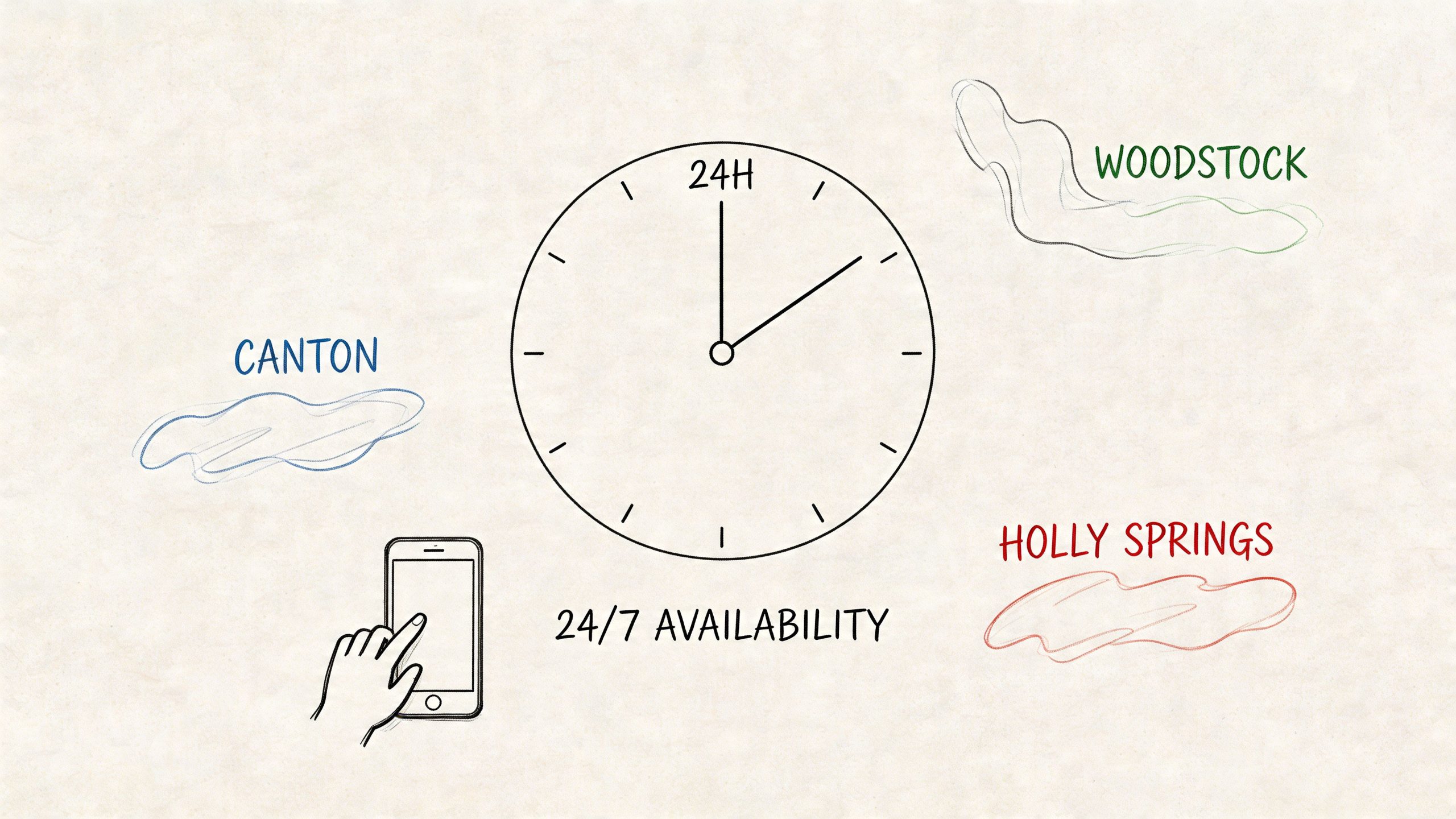 A minimalist sketch of a clock, a mobile phone, and the cities of Canton, Woodstock, and Holly Springs.