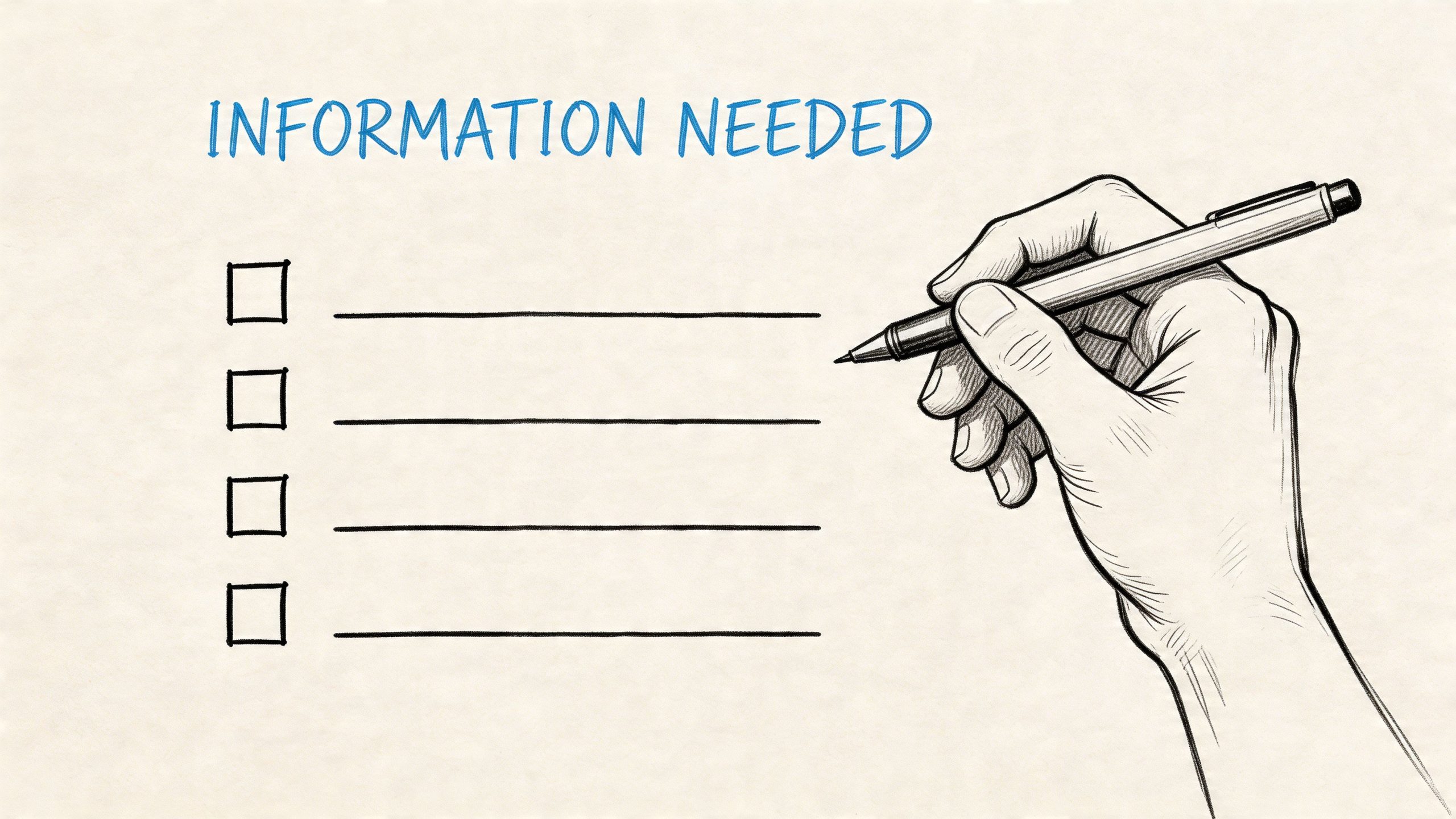 A hand holding a pen over a blank checklist with the title Information Needed written above it.