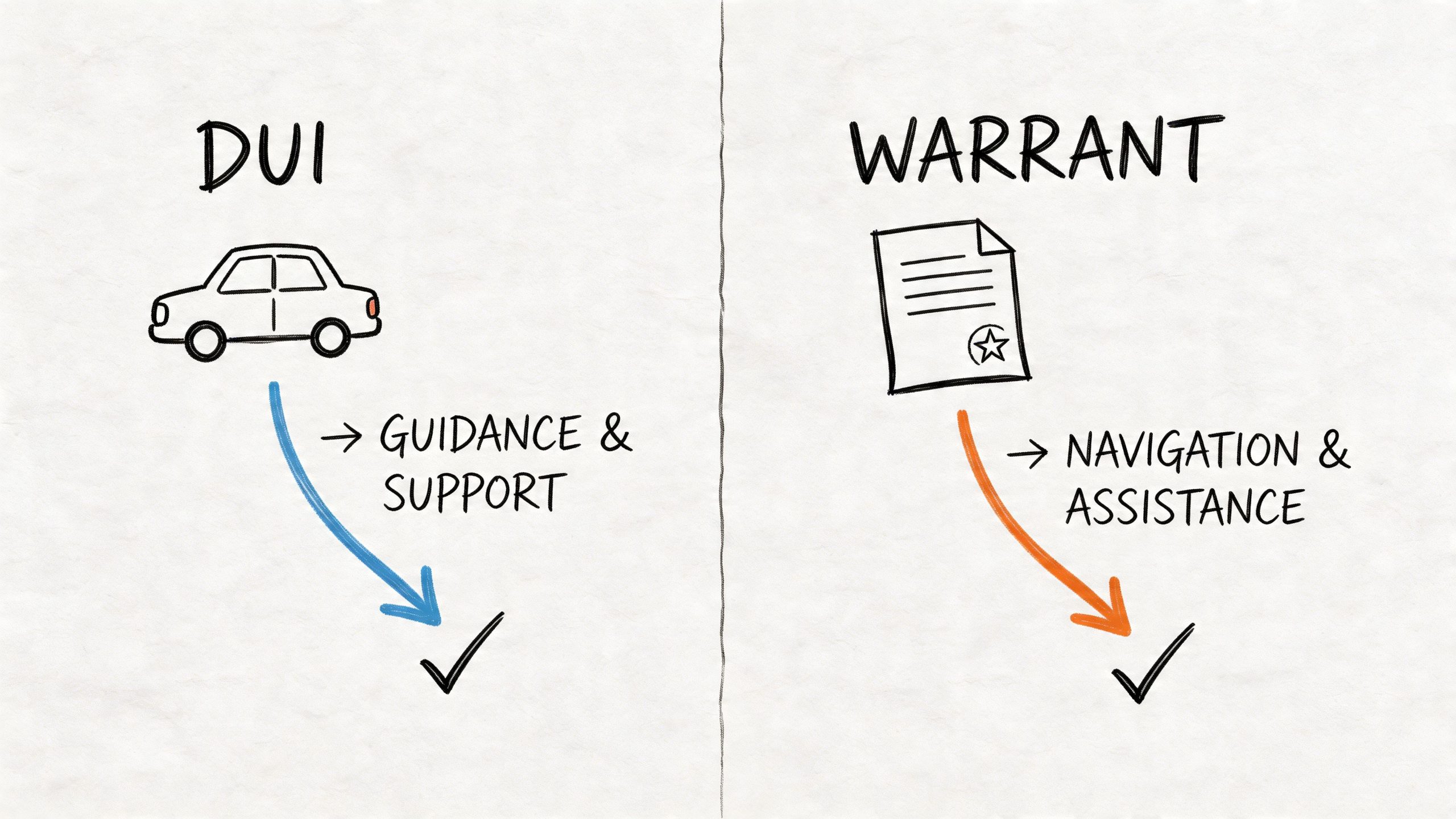 A hand-drawn graphic illustrating DUI services for guidance and support, and warrant services for navigation and assistance.