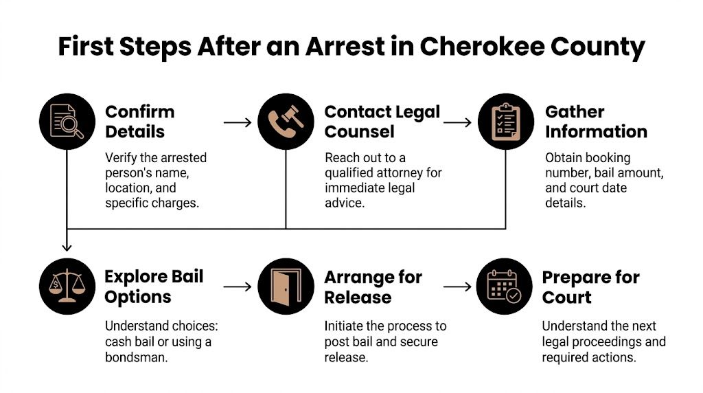 A flowchart outlining the essential steps to take after an arrest in Cherokee County.