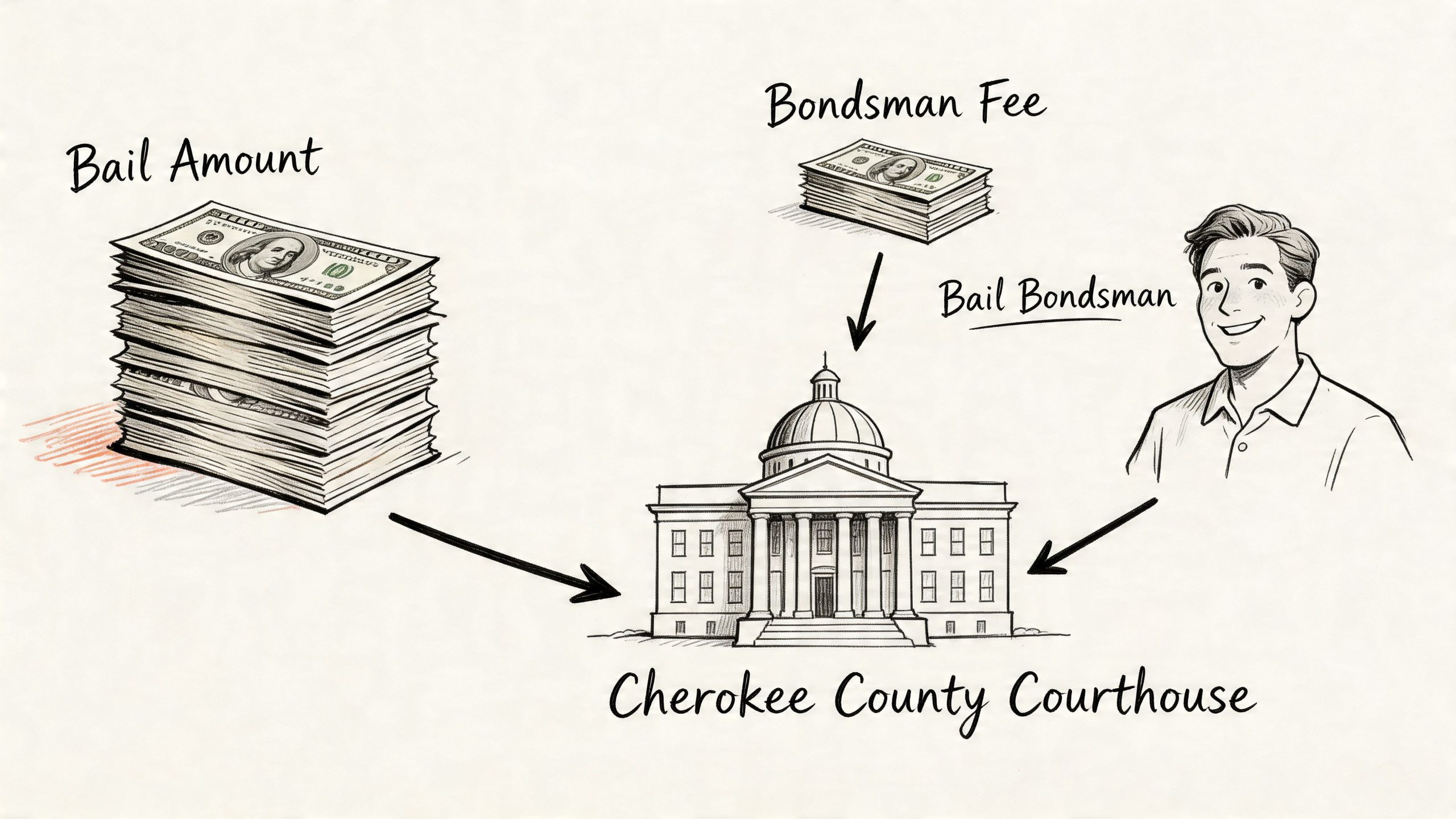 An illustrative diagram showing bail money, a bondsman fee, and a bail bondsman interacting with a courthouse.