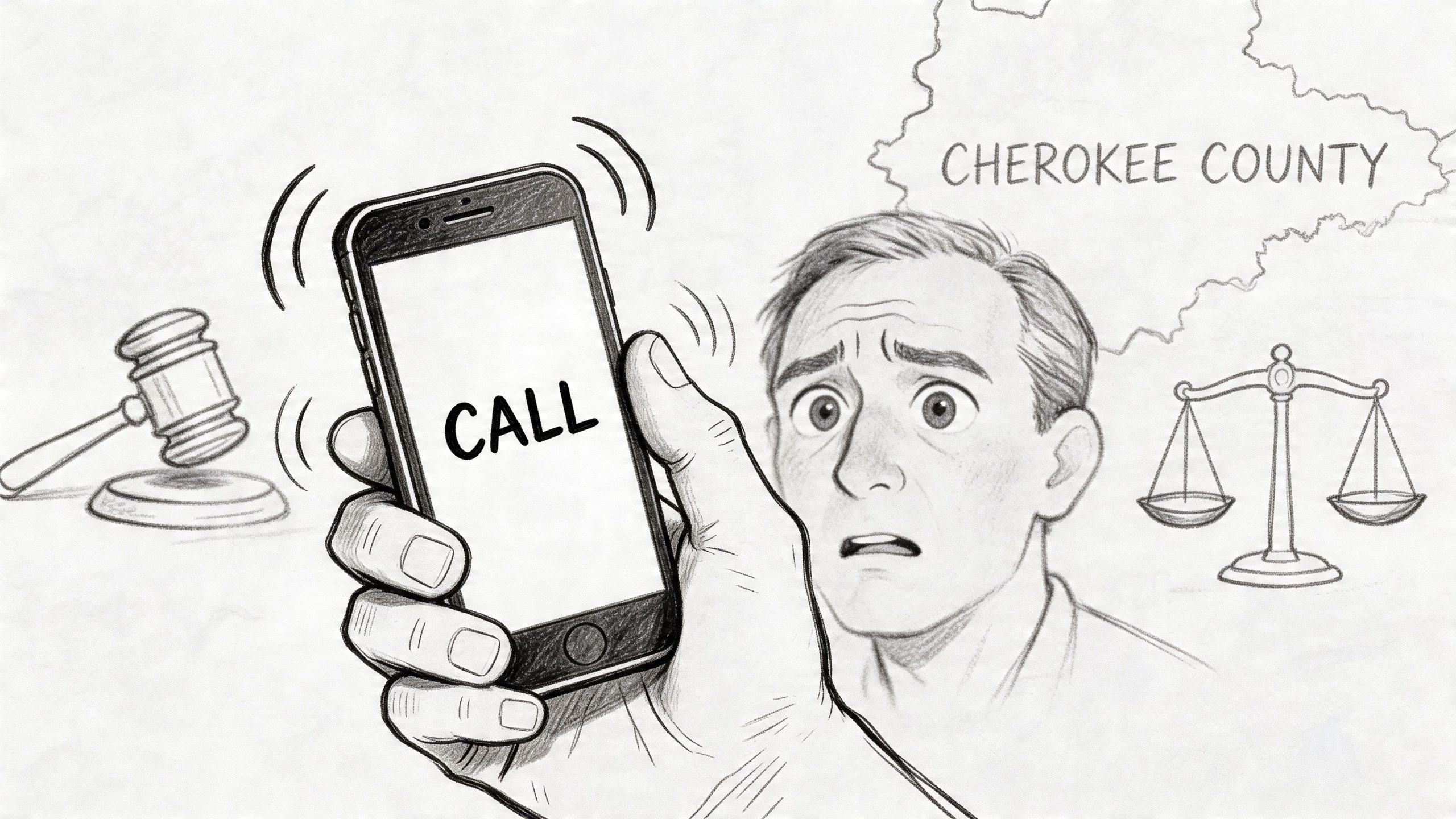 A pencil sketch of an anxious man receiving a phone call, with a gavel and scales of justice.