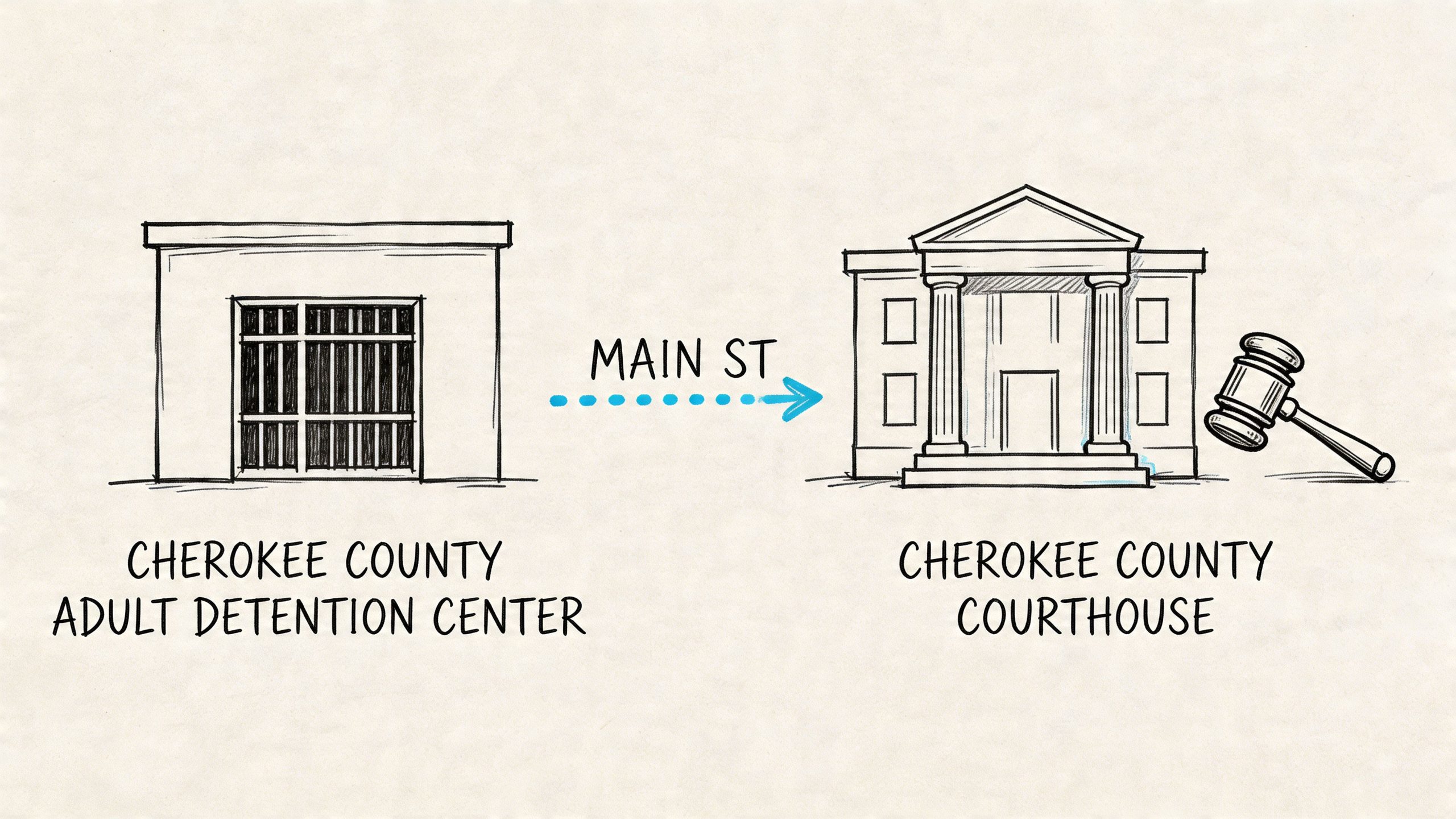A simplified drawing showing the Cherokee County Adult Detention Center moving to the Cherokee County Courthouse.