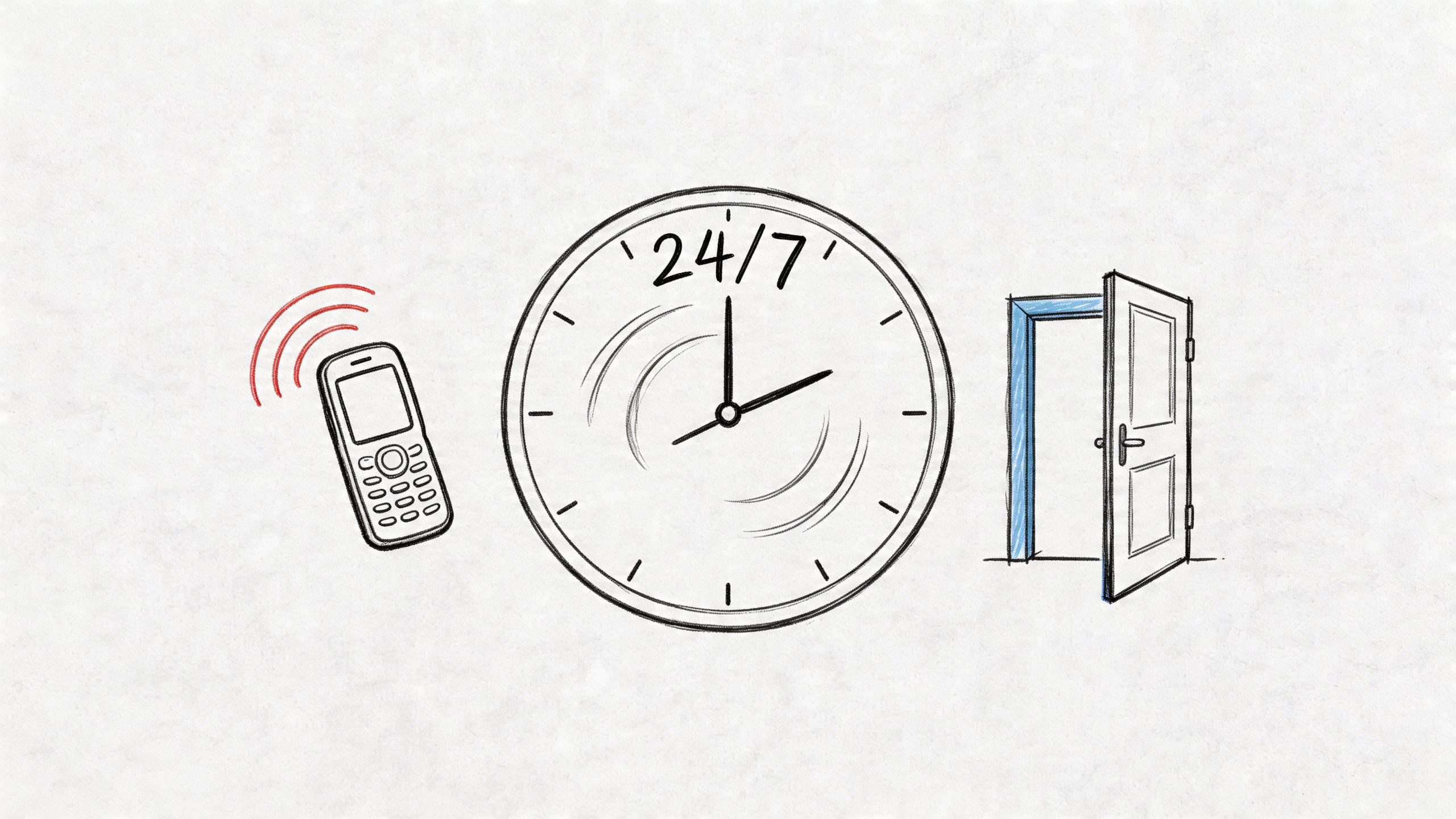 A hand-drawn illustration showing a ringing cell phone, a 24/7 clock, and an open door.