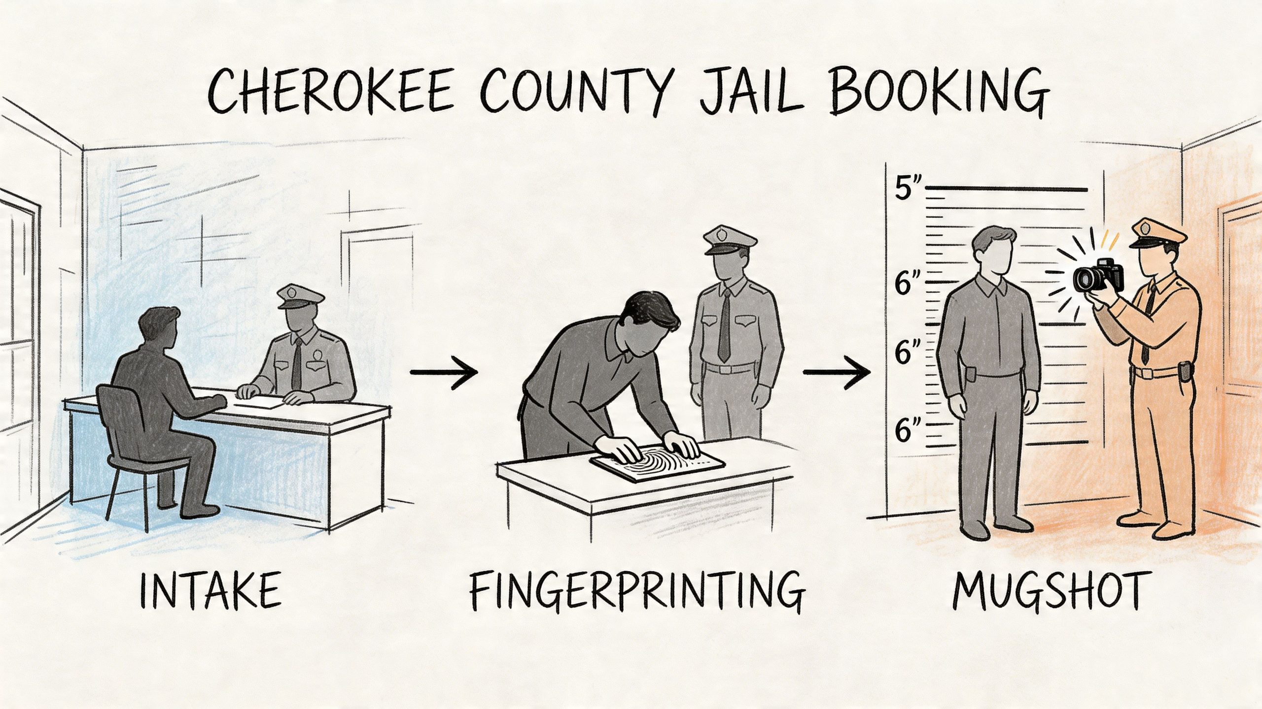 A three-step diagram illustrating the Cherokee County jail booking process including intake, fingerprinting, and mugshot photography.