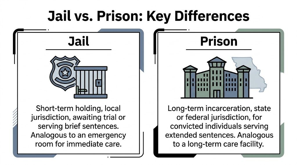 A comparison chart outlining the key differences between jail for short-term holding and prison for long-term incarceration.