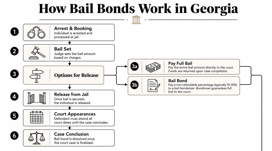 A flowchart detailing the six steps of the bail bond process for individuals in Georgia.