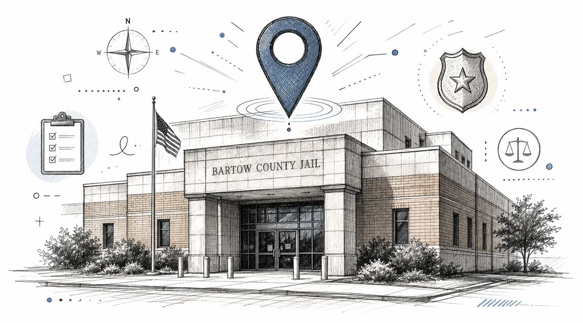 A digital illustration of the Bartow County Jail building with icons representing legal services and bail.