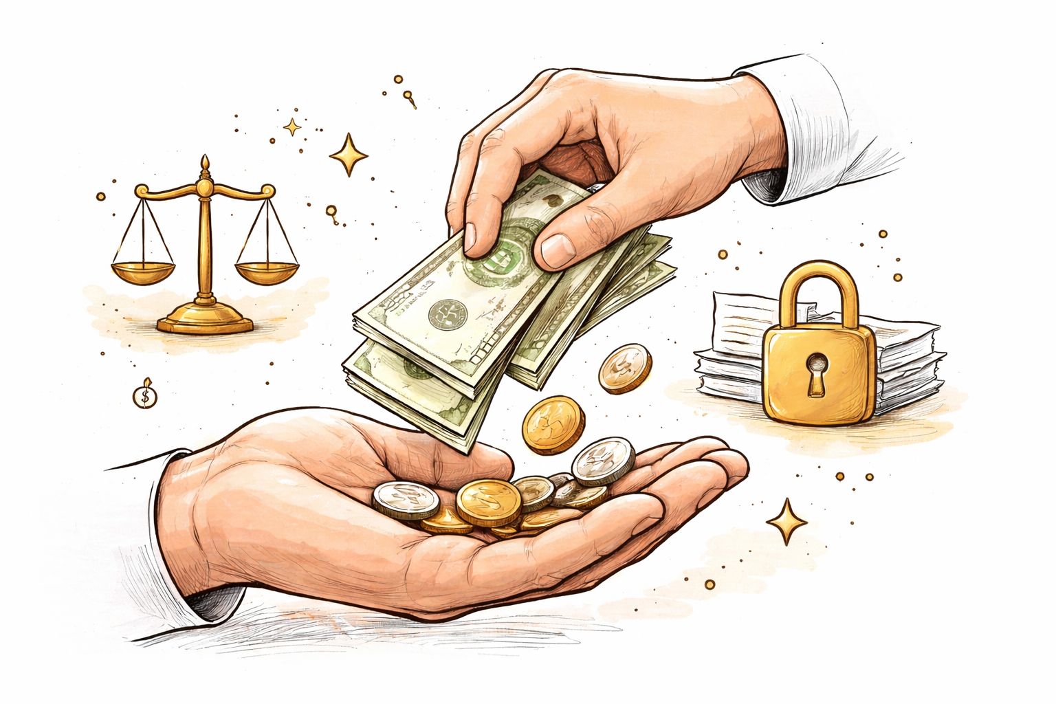 A conceptual illustration showing hands exchanging cash and coins, a scale of justice, and a locked padlock.