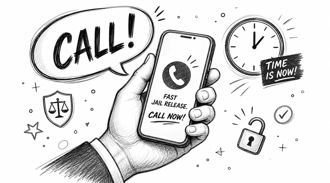 A hand-drawn sketch of a hand holding a smartphone showing text for fast jail release services.