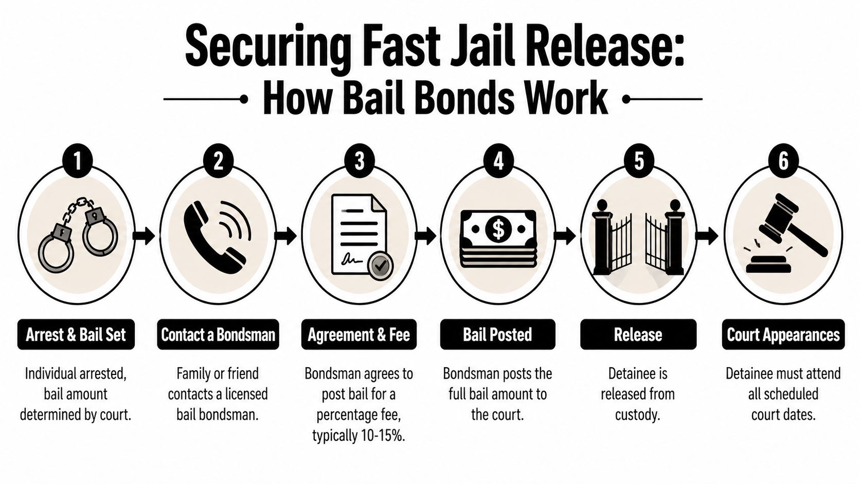 A six-step infographic explaining how the bail bond process works for individuals seeking jail release.