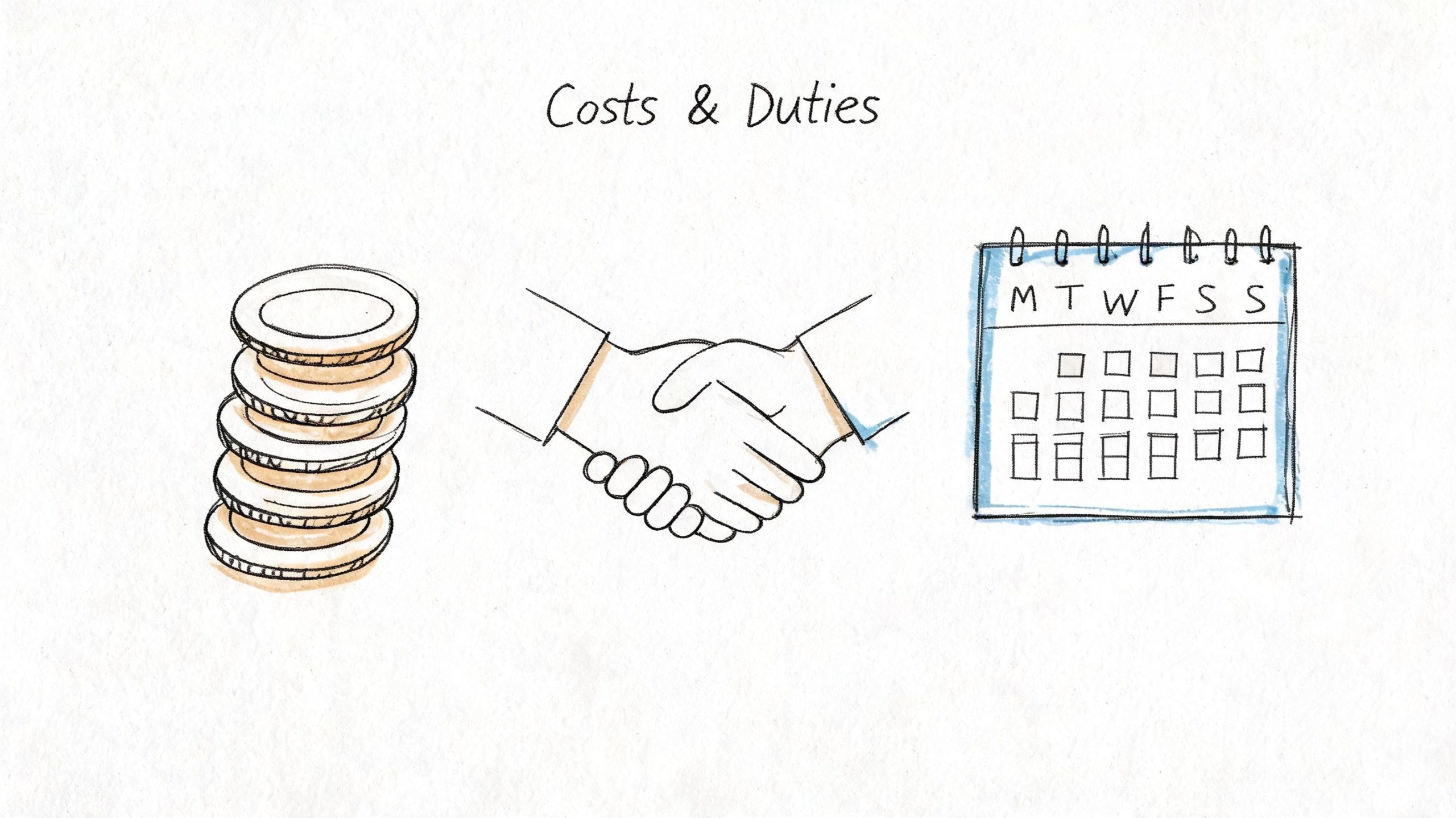 A hand-drawn illustration showing a stack of coins, a handshake, and a calendar representing professional bail bonding services.