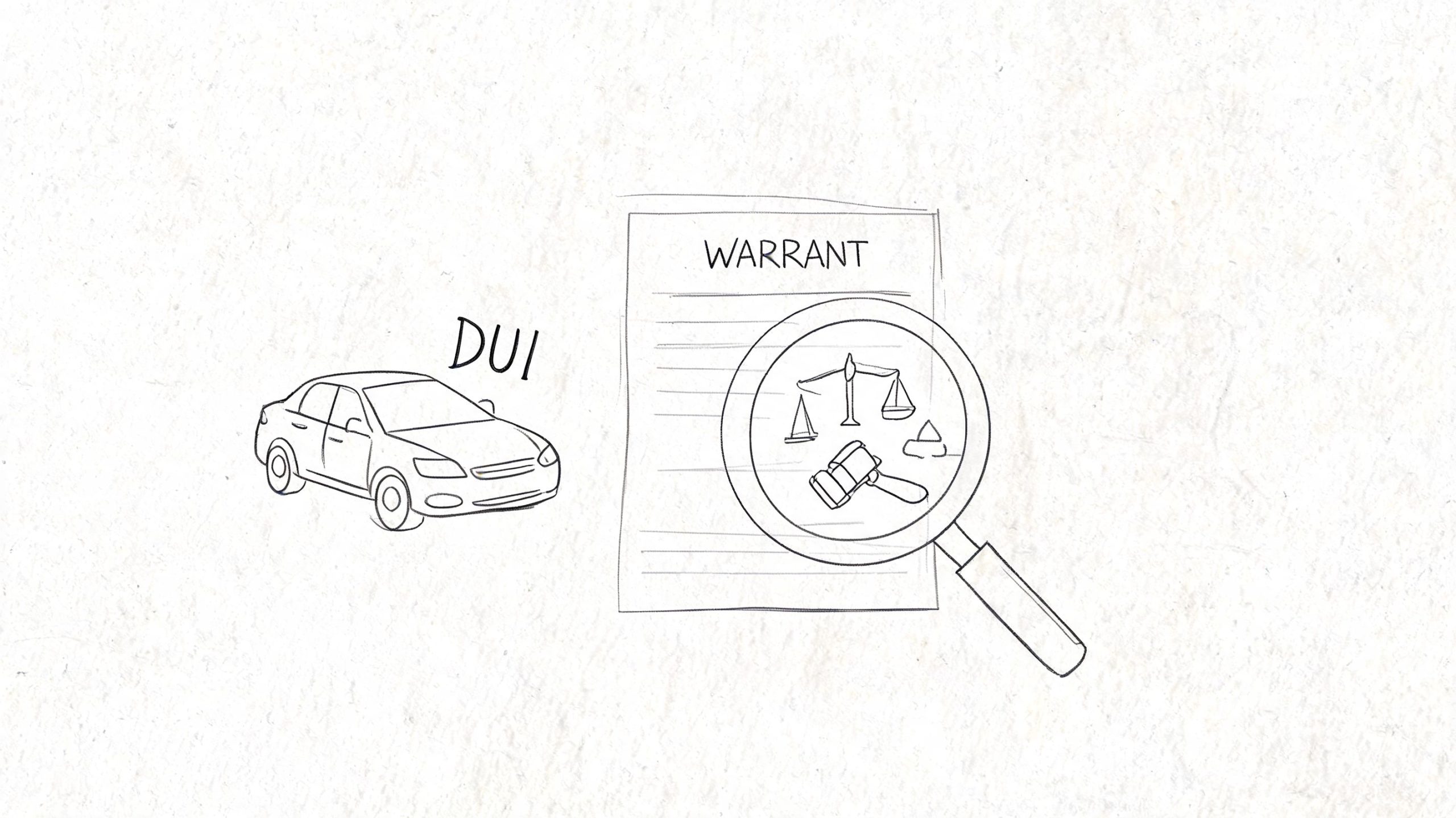 A hand-drawn illustration featuring a car labeled DUI and a legal warrant being examined by a magnifying glass.