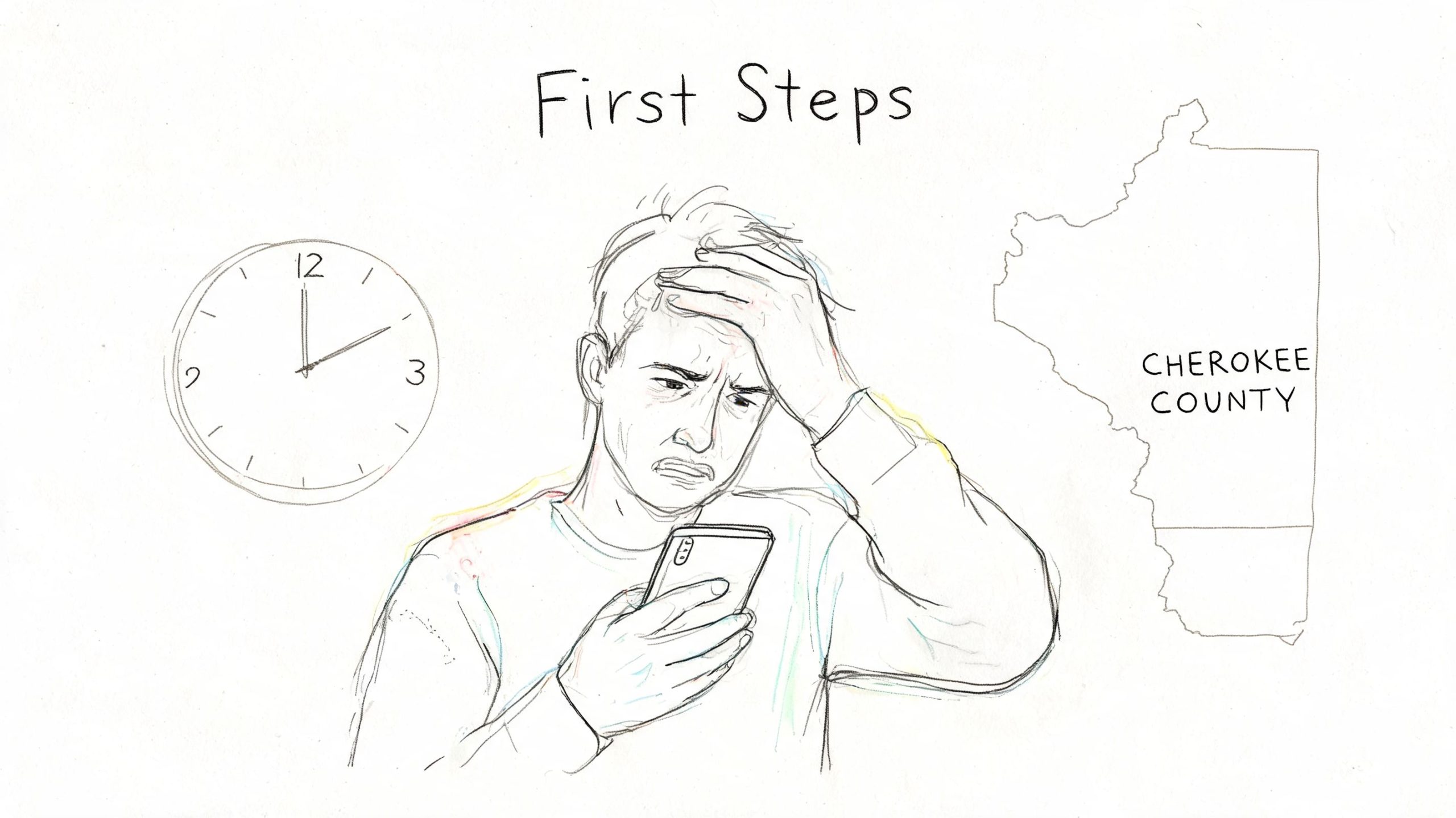 A line drawing of a worried man looking at his smartphone next to a clock and county map.
