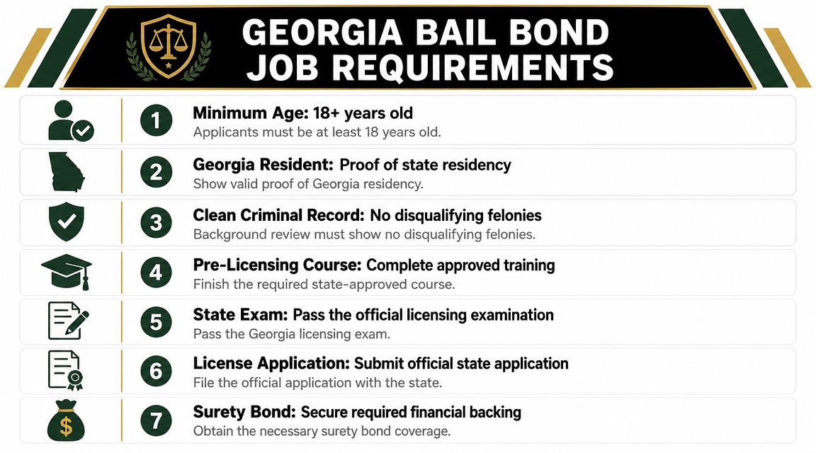 A list of seven essential requirements needed to obtain a bail bond license in Georgia.