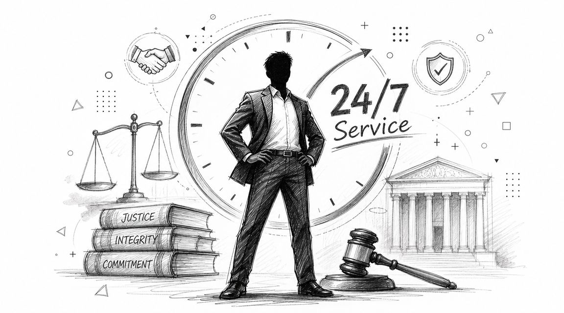 A professional man standing in front of a clock, scales of justice, law books, and a courthouse building.