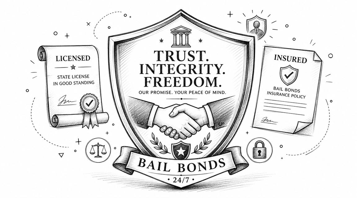 A professional pencil sketch illustration featuring a shield, a handshake, and documents related to bail bond services.