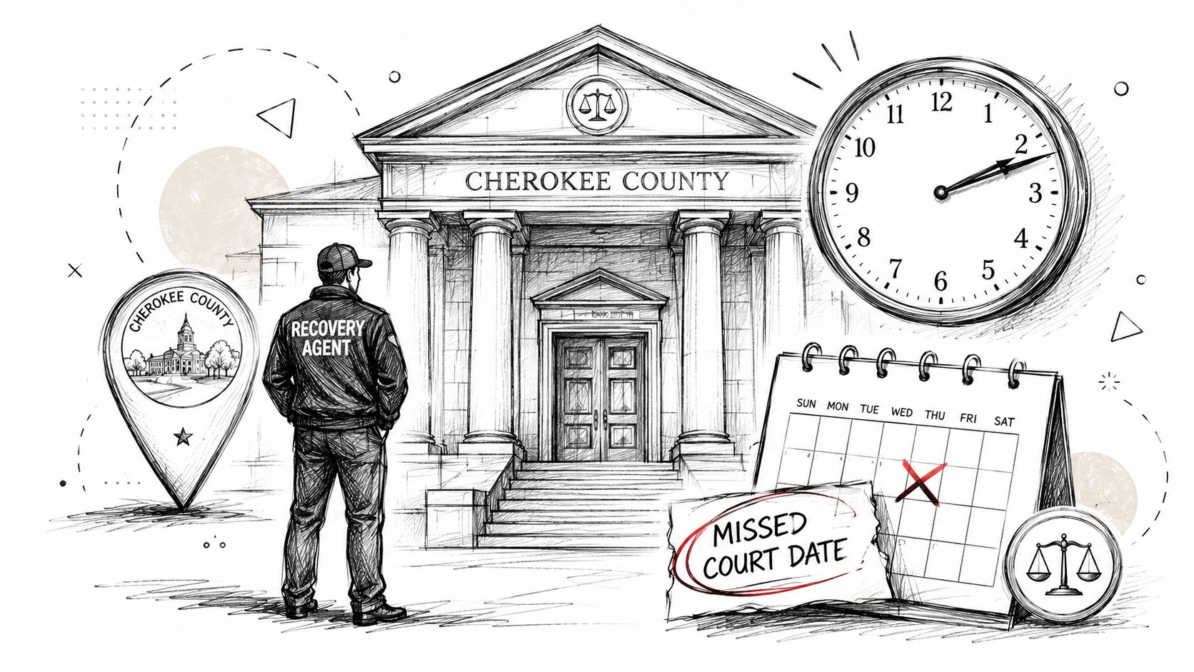 A recovery agent standing before a Cherokee County courthouse with a clock and missed court date calendar.