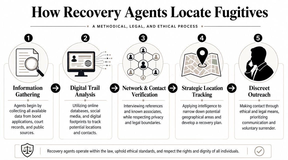 A five-step infographic showing how bail bond recovery agents legally and ethically locate fugitives through investigation.
