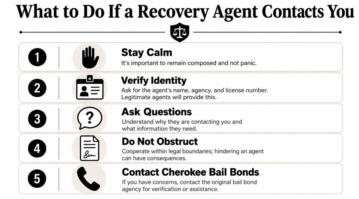 An infographic titled What to Do If a Recovery Agent Contacts You, outlining five essential steps for interactions.