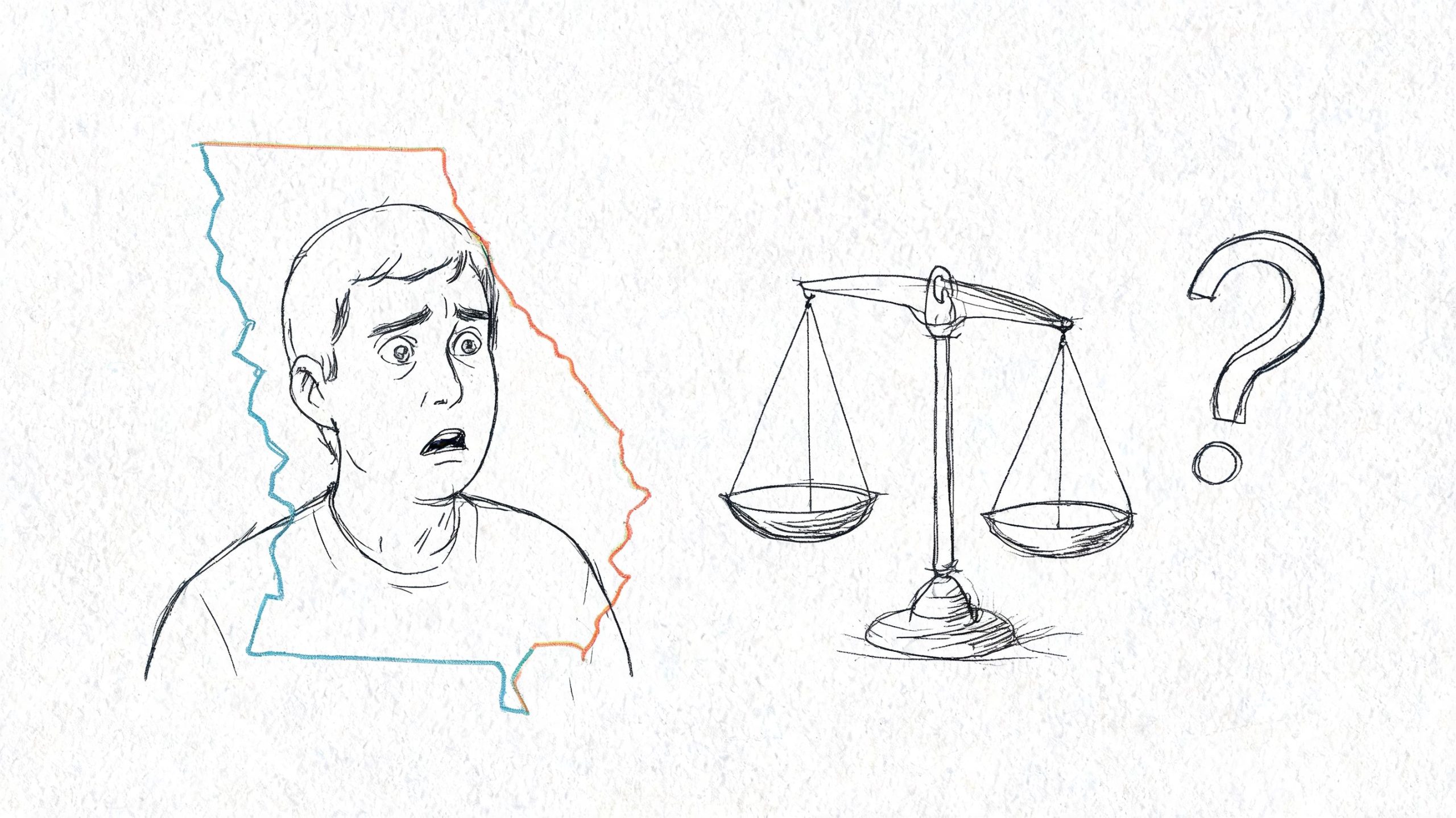 A pencil sketch of a person looking concerned over a Georgia state map near a scale of justice.