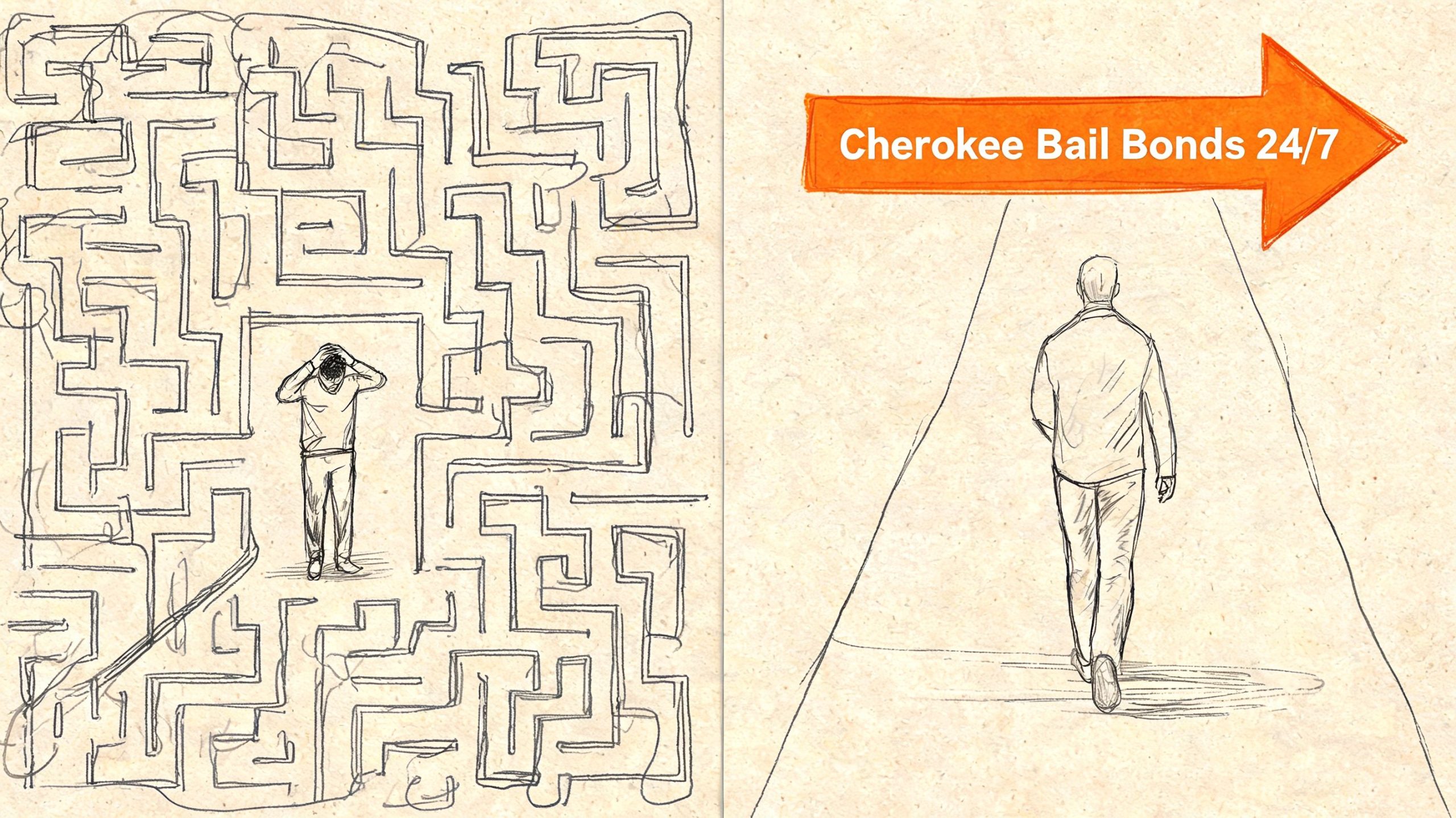 A conceptual drawing comparing a man trapped in a complex maze to a man walking freely.