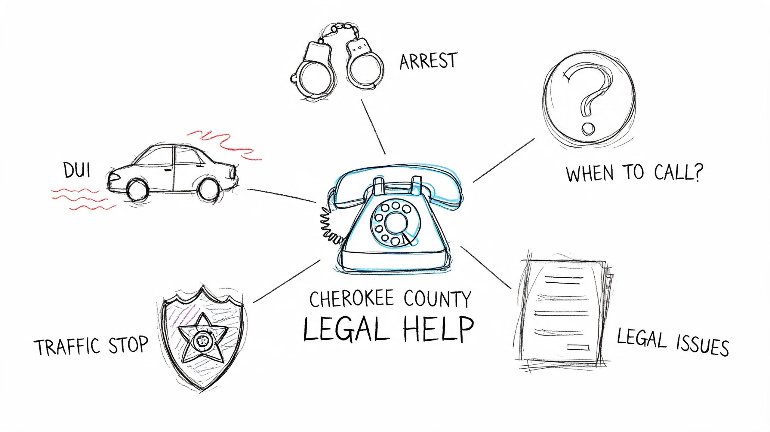 A hand-drawn sketch illustration about Cherokee County legal help including DUI, arrest, traffic stop, and other issues.