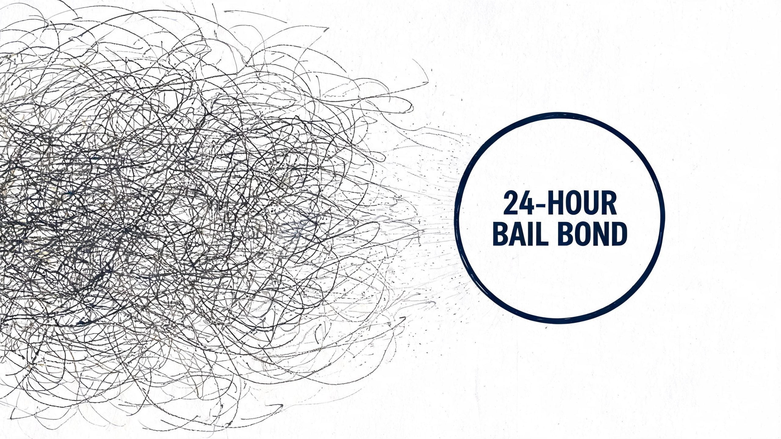 A chaotic black ink scribble on the left transitioning into a clean circle containing 24-HOUR BAIL BOND text.