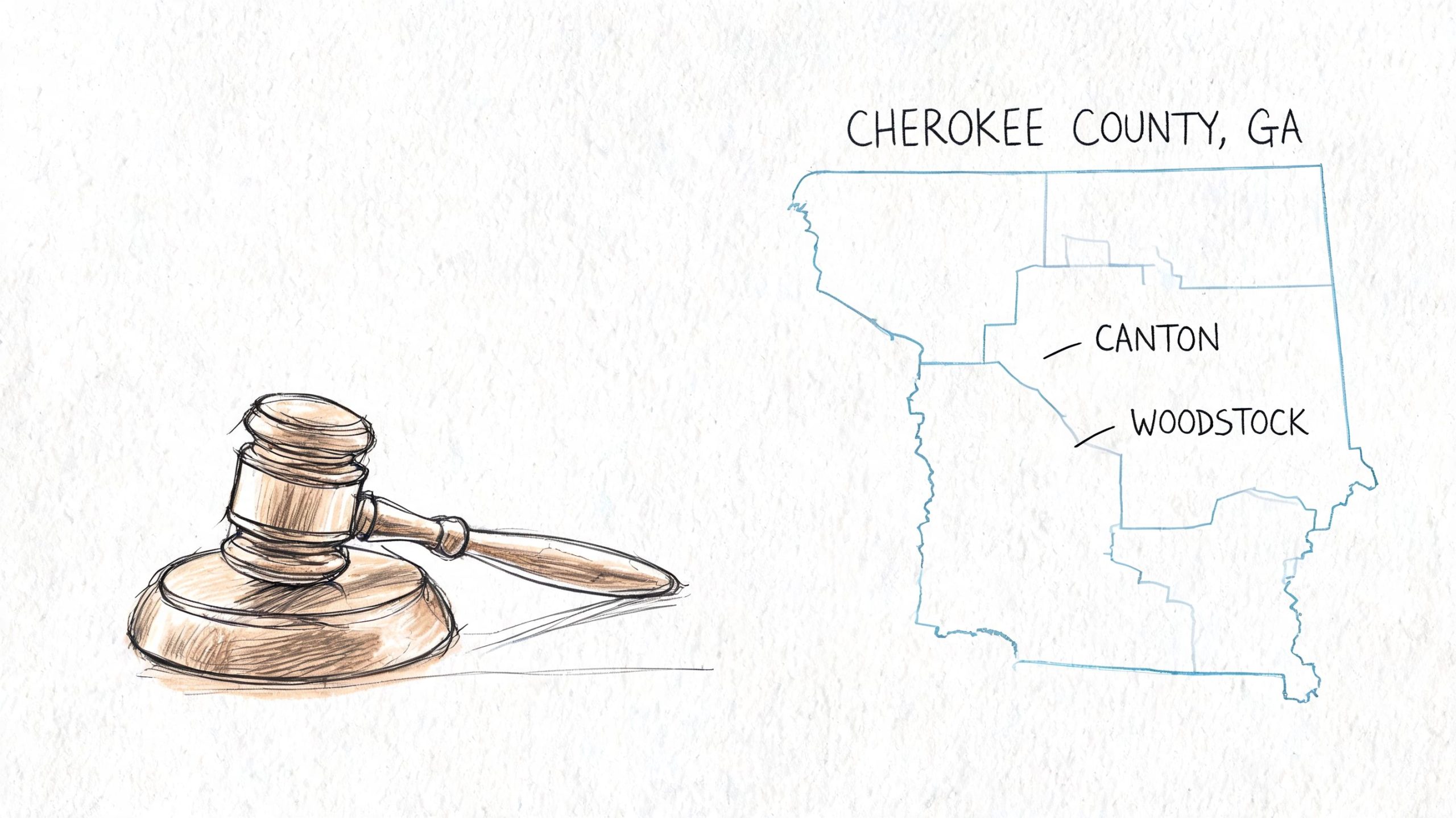 A gavel and a map of Cherokee County, Georgia, highlighting the cities of Canton and Woodstock.