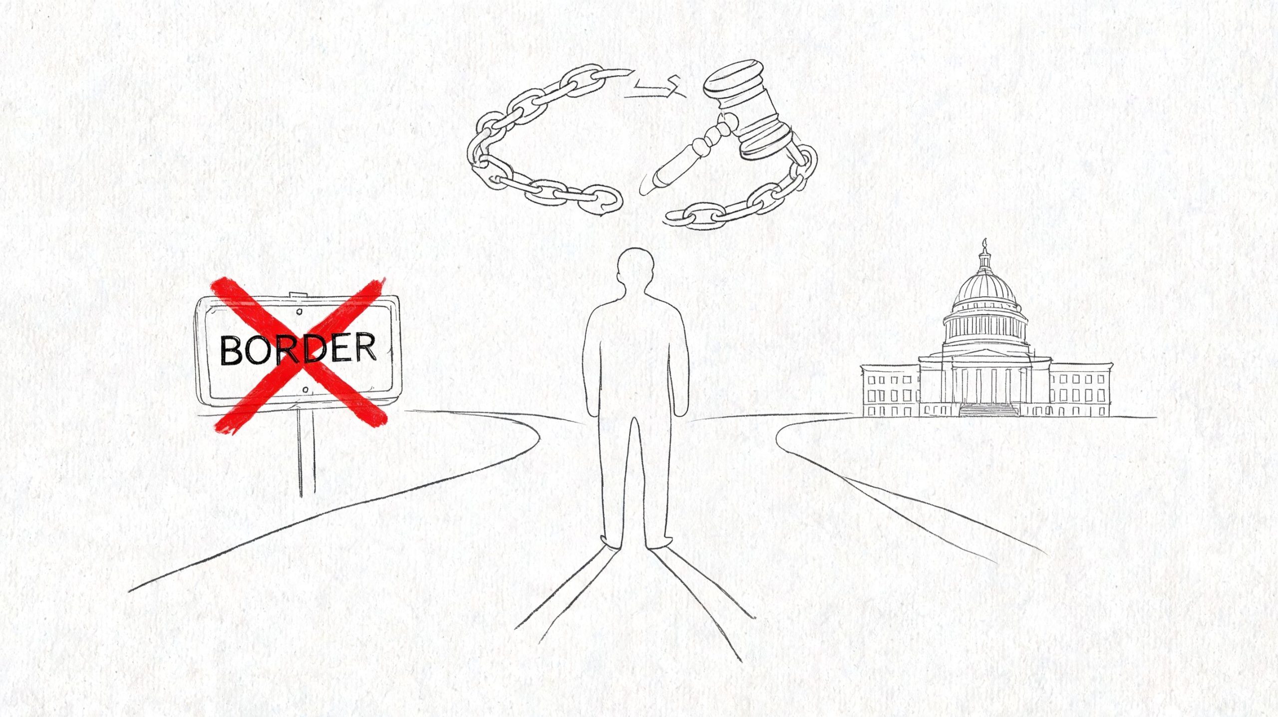 A conceptual line drawing showing a person choosing between border travel and legal government building access.