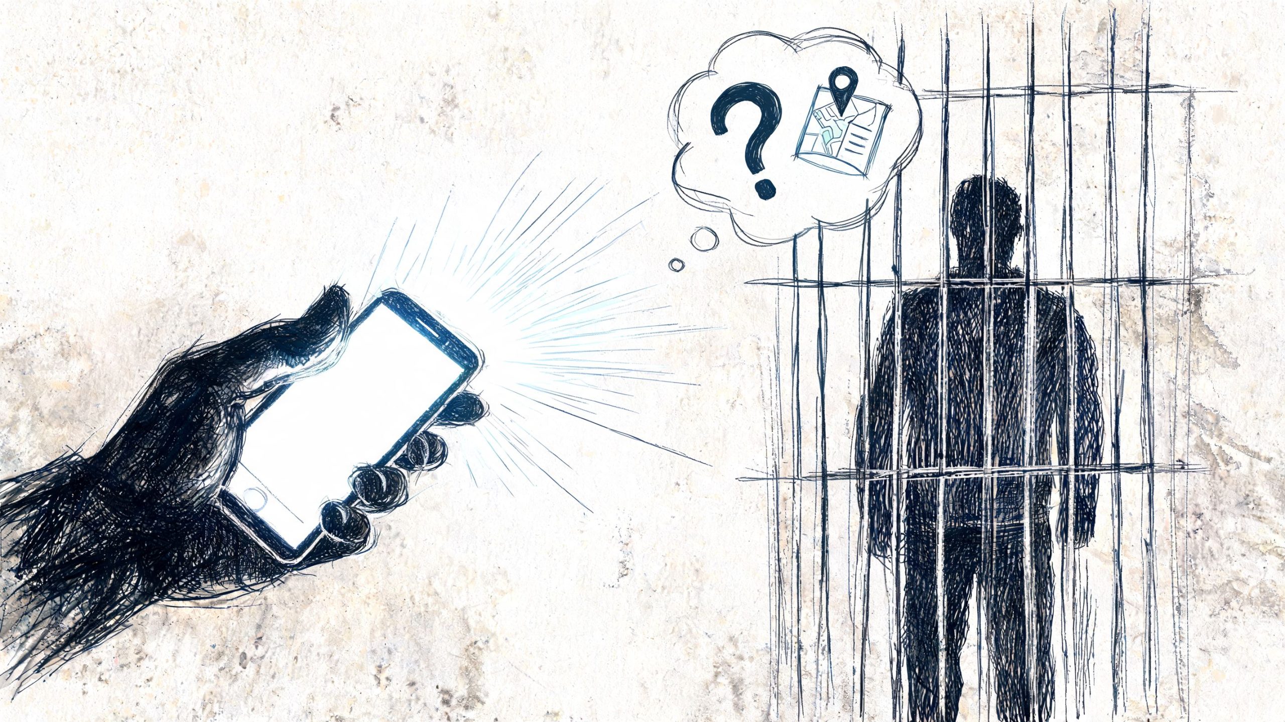A hand holds a glowing smartphone towards a person standing behind prison bars with a map thought bubble.