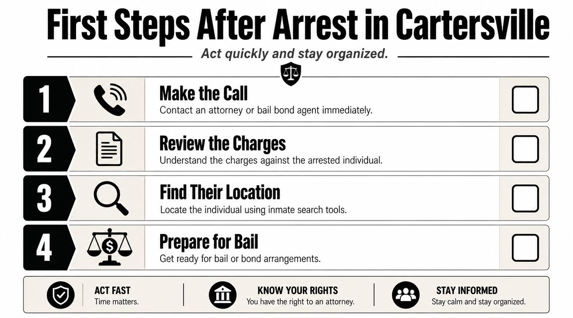 A checklist infographic titled First Steps After Arrest in Cartersville outlining four important legal actions to take.