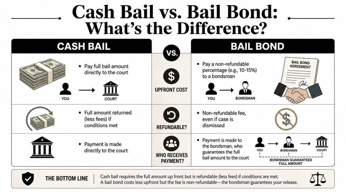 An infographic comparing cash bail and bail bonds, explaining differences in costs, refund policies, and payment processes.